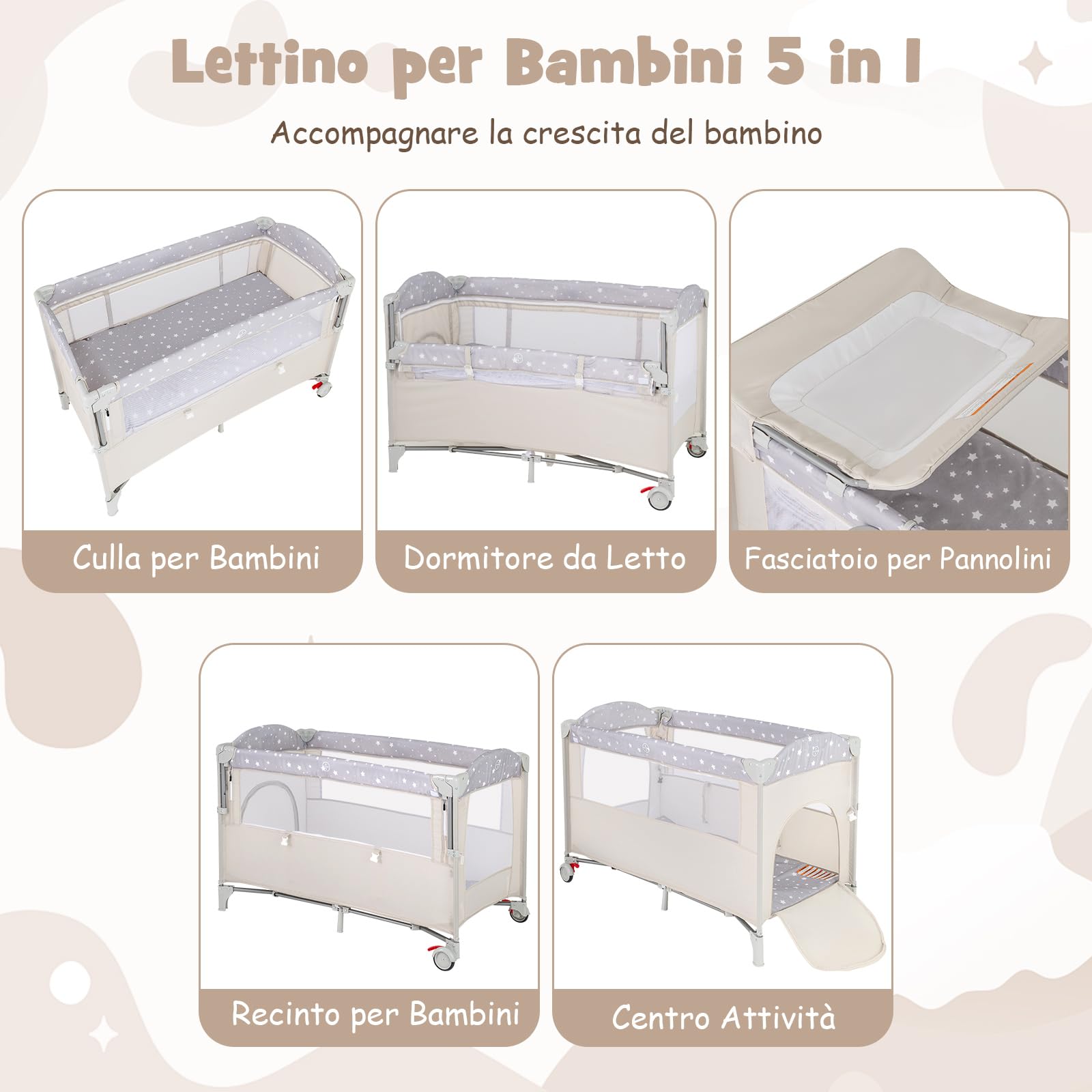 COSTWAY 5 in 1 Lettino per Bambini con Materasso, Lettino Culla da Viaggio per Neonati, Culla Neonato con Fasciatoio, Box Portatile Pieghevole, con Ruote e Borsa, 125 x 65 x 119 cm (Beige)