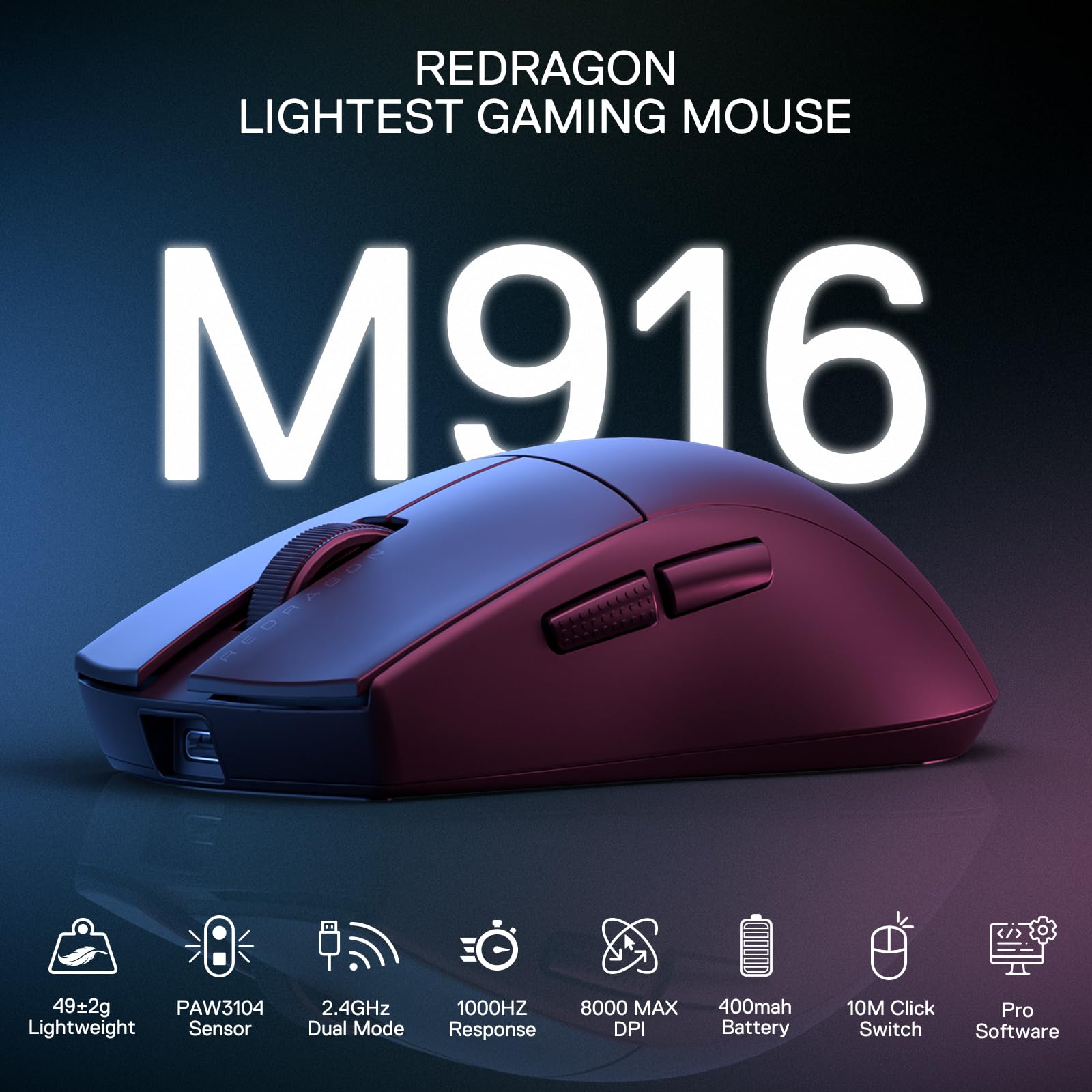 Redragon M916 Mouse Gaming Senza Fili 49g 8K 24K DPI Ergonomico