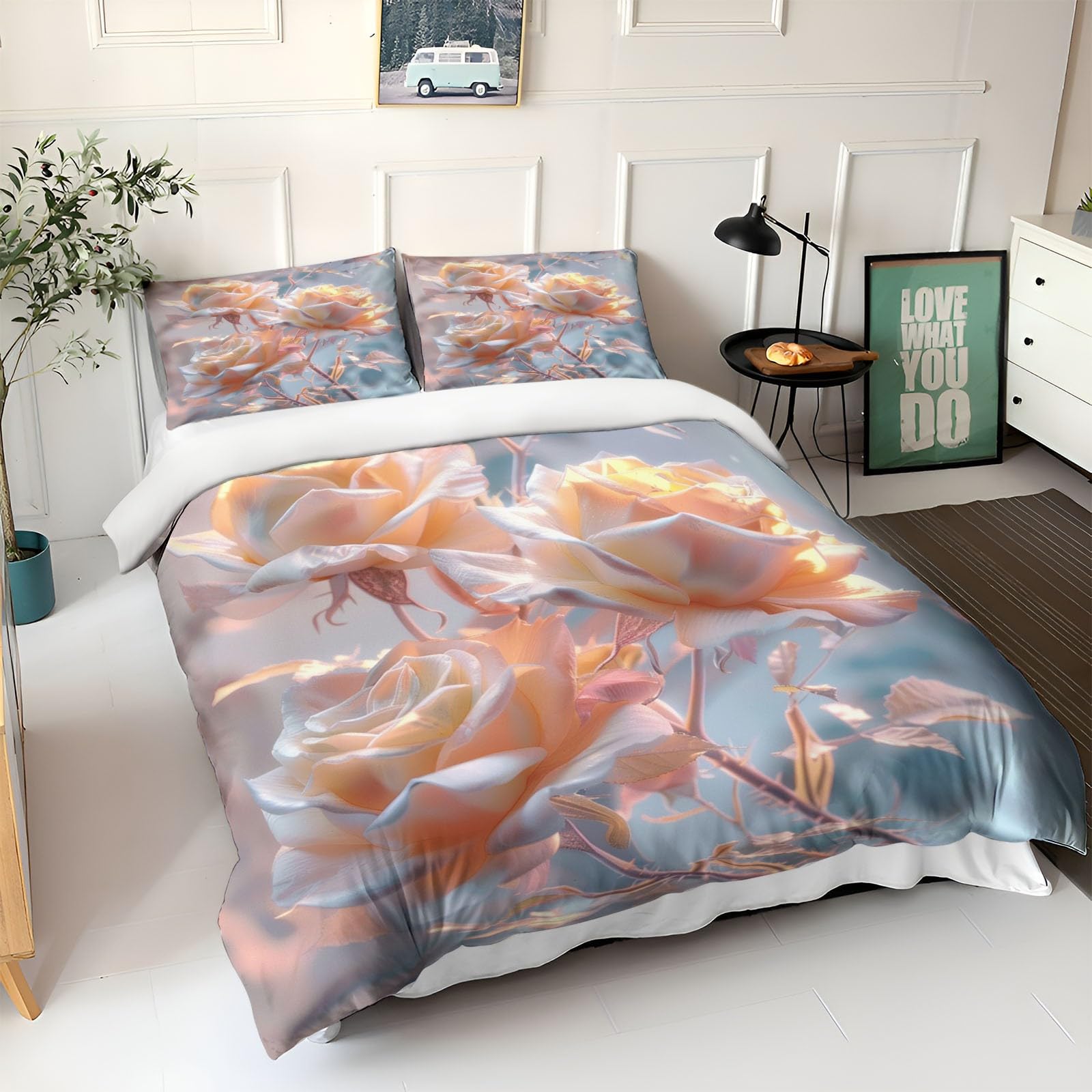 Biancheria da letto 155 x 220 cm, per bambini, ragazzi e adolescenti, set copripiumino per letto singolo, a righe vegetali 03, con chiusura lampo e federa da 80 x 80 cm