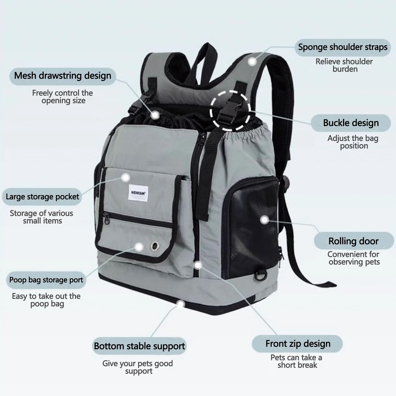 Galatée Hunderucksack, Von Fluggesellschaften Zugelassene Katzenrucksäcke Mit Innerer Sicherheitsleine, Super Belüftetes Design, Haustierrucksack Für Reisen, Wandern, Camping(Grau)