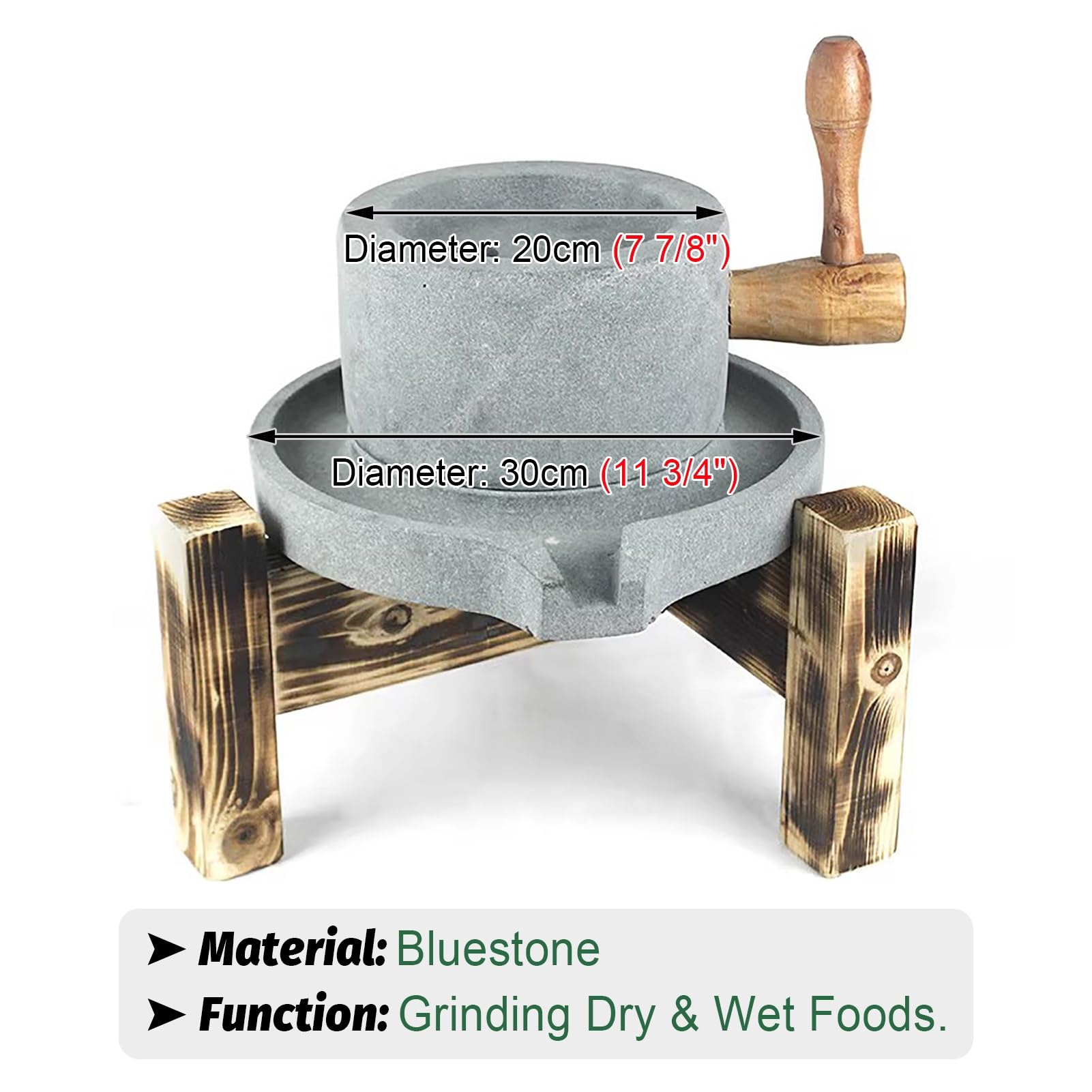 Mulino a Pietra Industria Mulino Manuale per Pasta Alimentare con Telaio in Legno, Polverizzatore per Cereali a Manovella per Succo di Riso/Mais, Umido Secco Cereali Macinatore in Pietra Blu(20cm x
