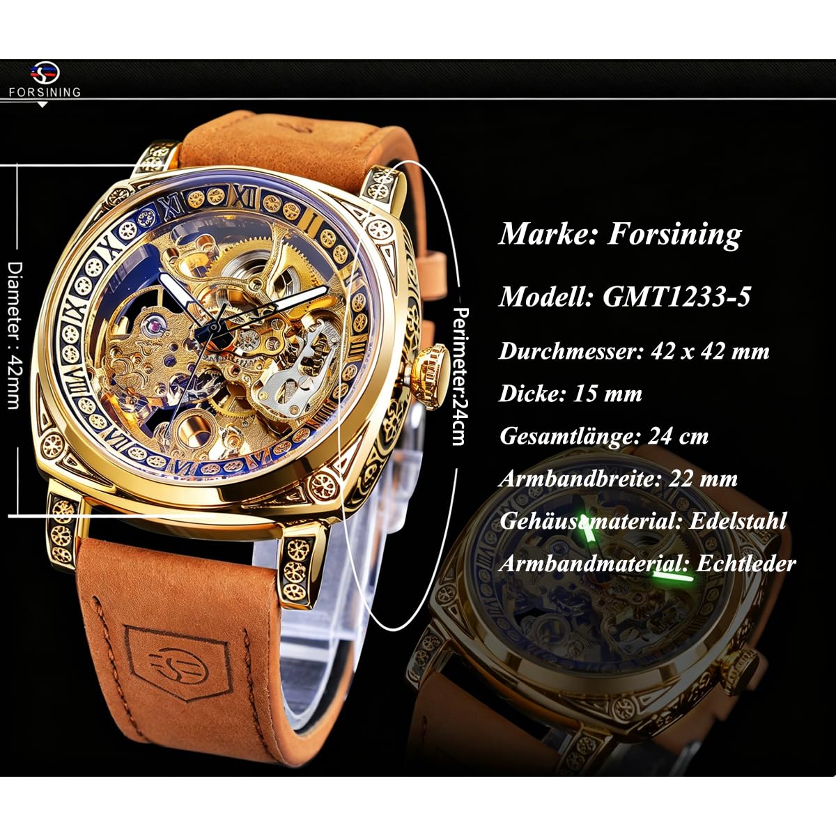 FORSINING Fancy Uhren für Männer, quadratische Retro mechanische Uhr Self-Wind geschnitzt, Gear Uhrwerk Golden Skelett Luxus Automatische Uhren Vintage Lederarmband Armbanduhr