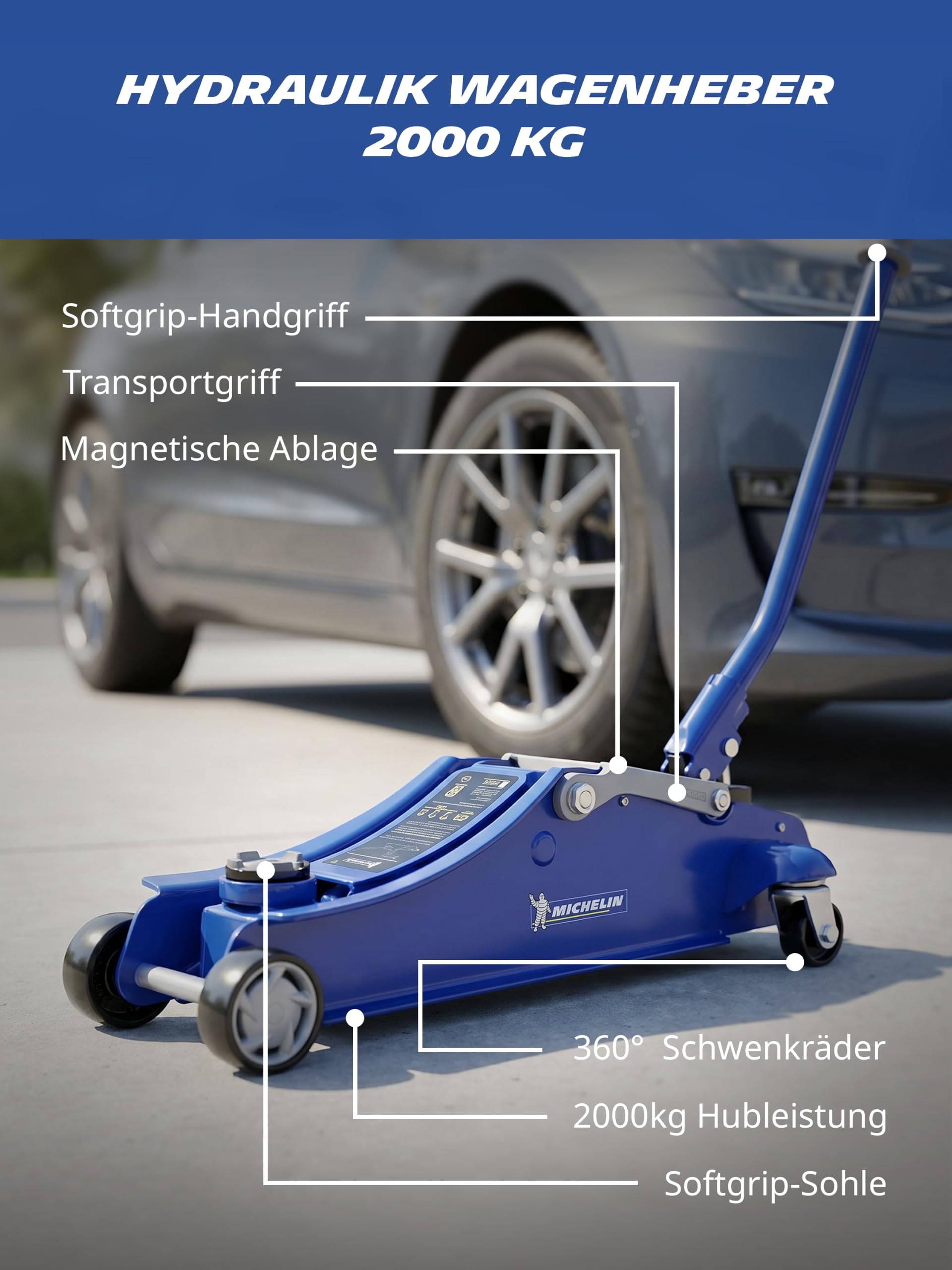MICHELIN Wagenheber 2T hydraulisch – Rangierwagenheber 2000kg für PKW & SUV – Autoheber mit 360° Schwenkrädern, 350 mm Hubhöhe – stabil für Reifenwechsel & Werkstatt | Rangierwagenheber 2000kg für PKW & SUV Autoheber mit 360° Schwenkrädern, 350 mm Hubhöhe