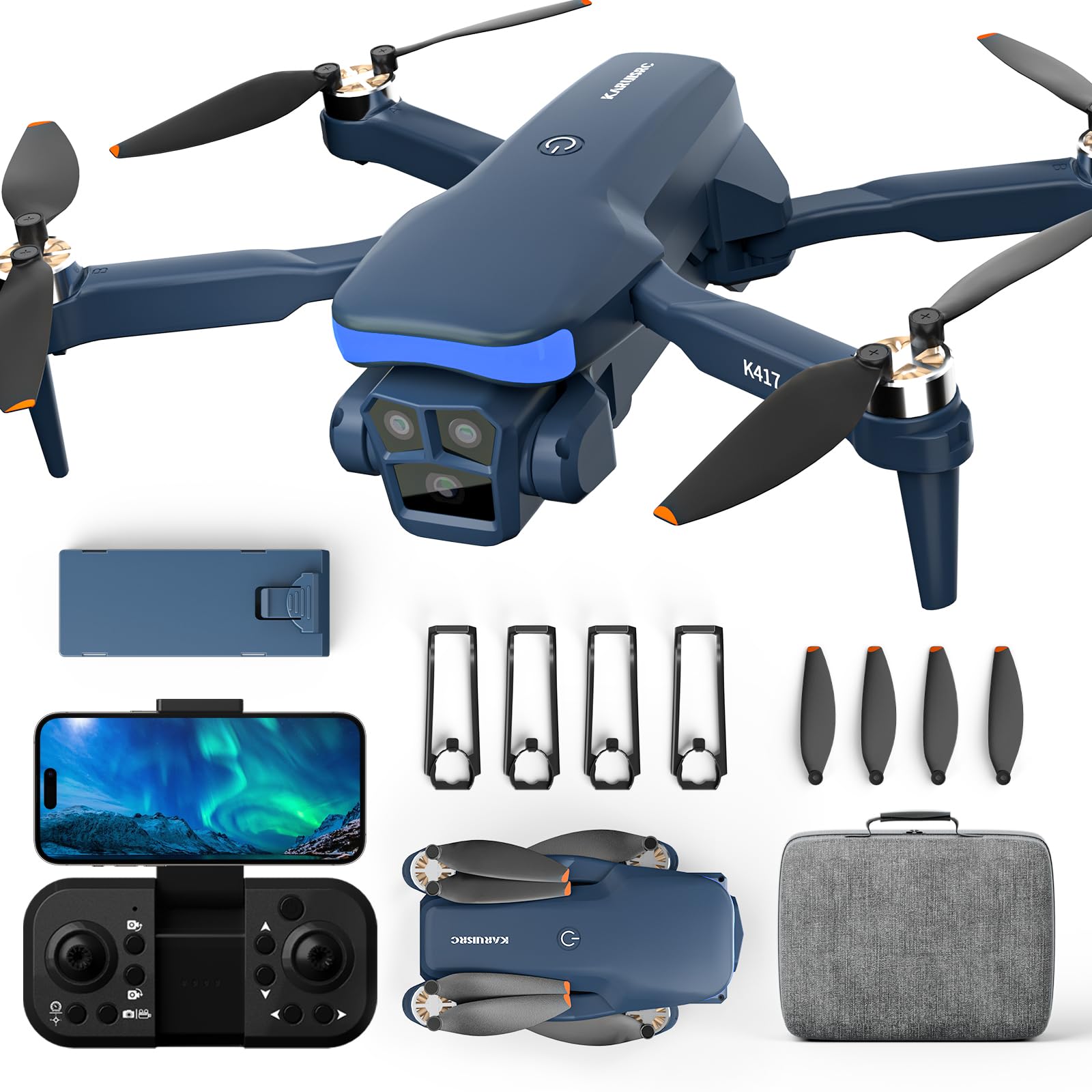 Drone Con 2 Cámaras 1080P HD Ajuste Eléctrico 90°Dron FPV,luces LED Azules Plegable Ligero Control Remoto Posicionamiento óptico Giro 3D,Batería Modular,para Adultos/Principiantes