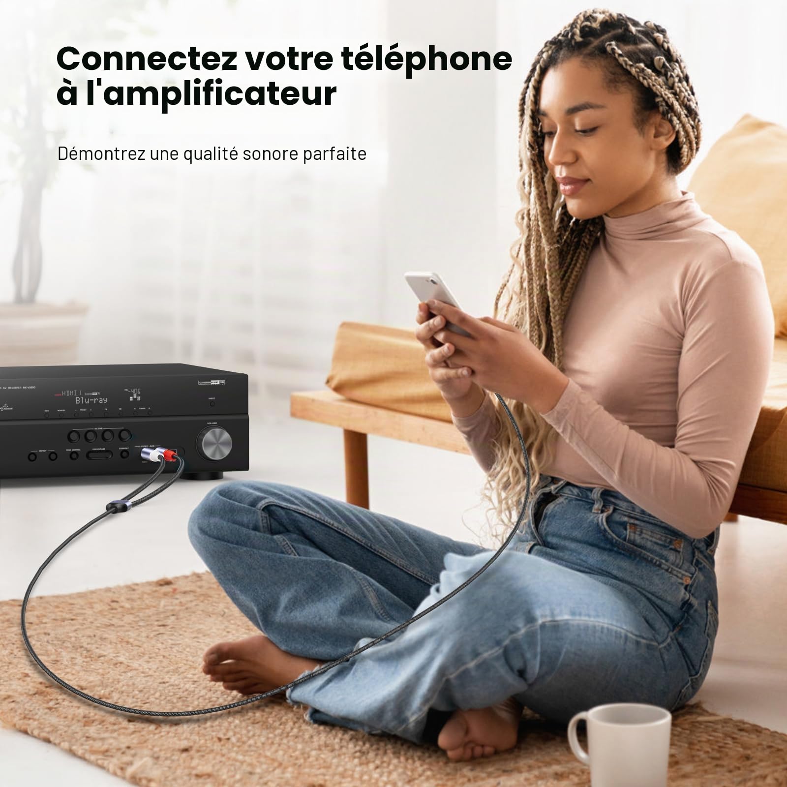 MOSWAG Câble Audio 3.5mm vers Double 6.35mm 1M, 6.35 vers 3.5 Mâle Y Splitter TRS Jack, Plaqué Or Nylon Tressé 3,5mm à 2X 6,35mm Splitter Câble pour Amplificateur, Cinéma Maison