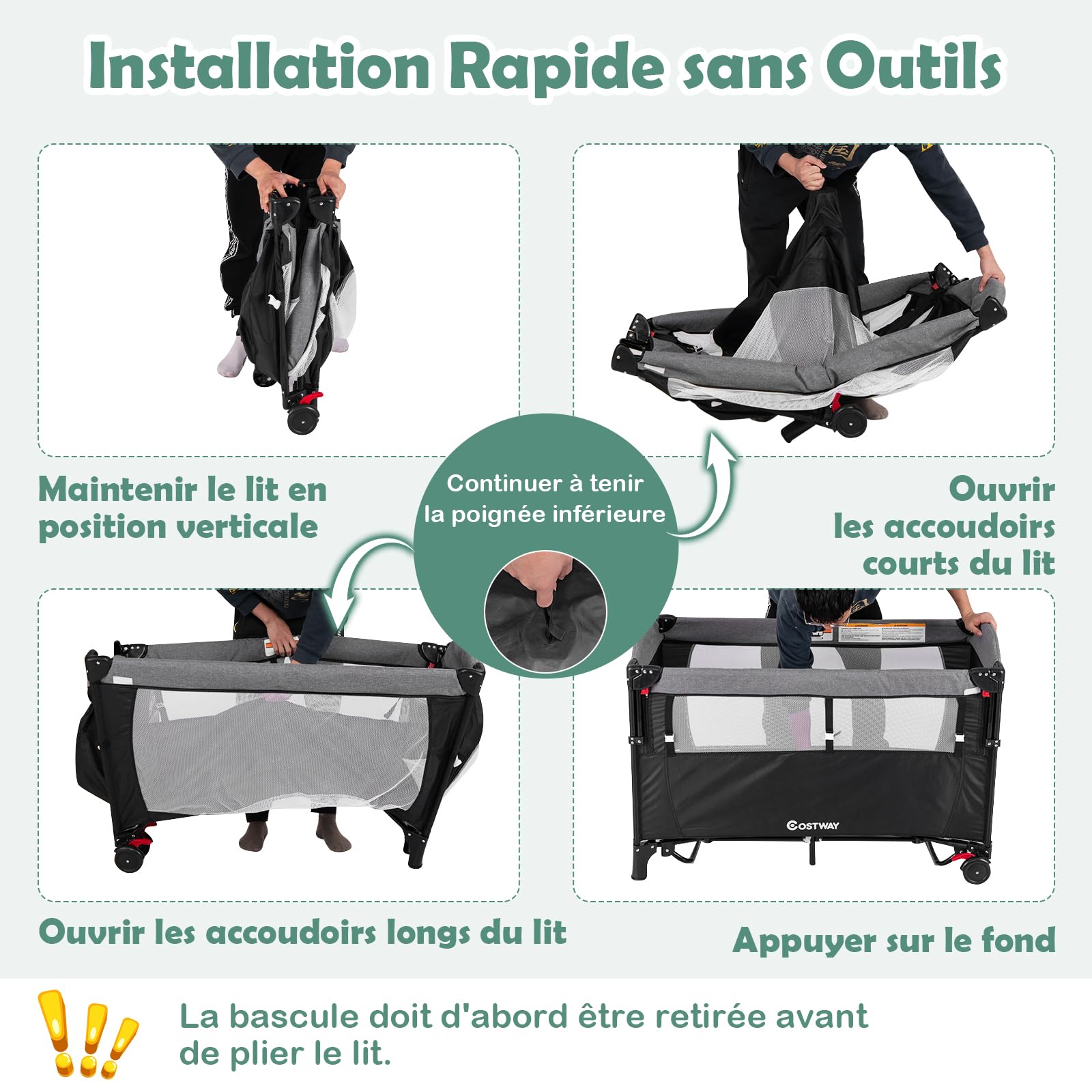 COSTWAY 5 en 1 Lit Parapluie Bébé avec Matelas & Table à Langer, Lit Bébé Evolutif avec 4 Hauteurs Réglables, 3 Jouets Suspendus & Boîte à Musique, Roues avec Freins, Charge Max 15kg, 0-36 Mois