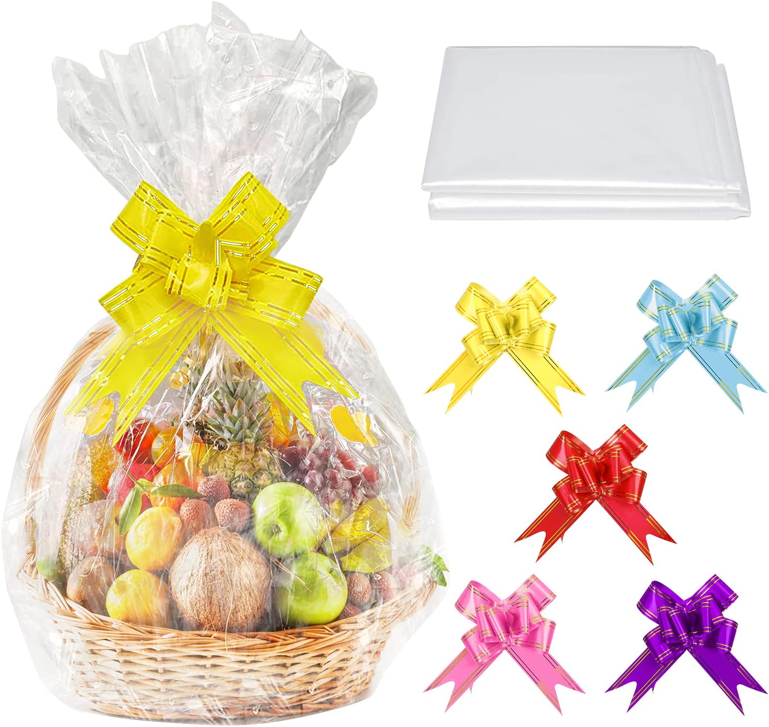SelfTek 20pcs Large Cellophane Bags with Pull Bows Cellophane Wrap Bags for Hampers with Bows Set for Baskets Making Easter Gifts Presents Packaging, 33 X 22 Inches
