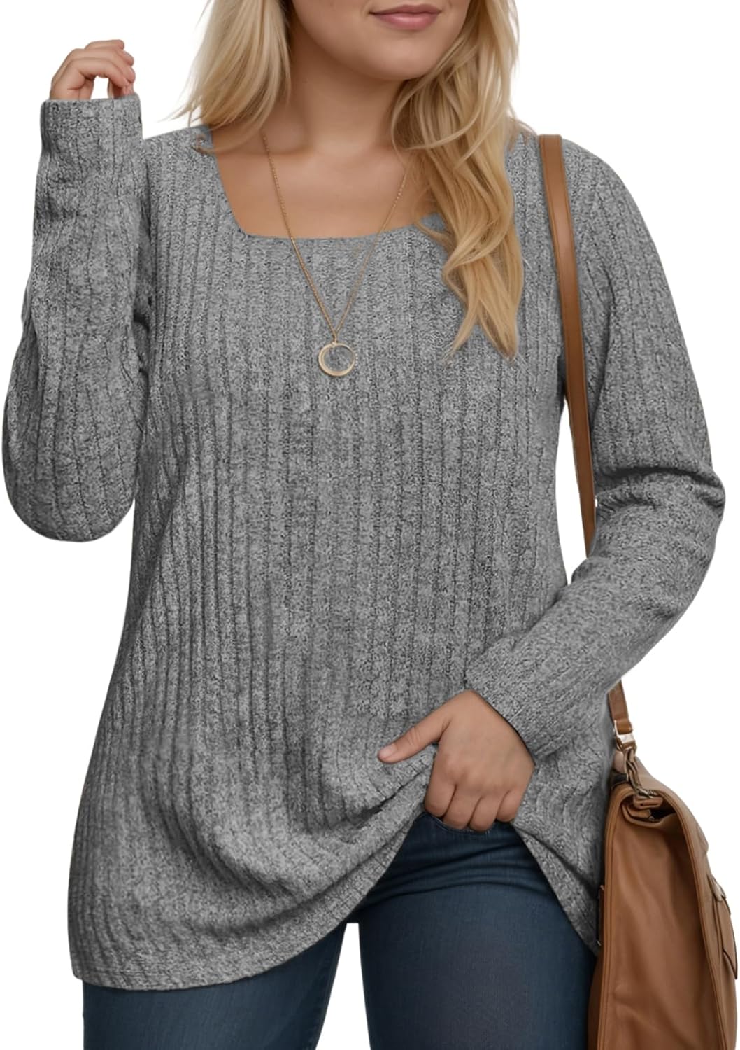 ROSRISS Womens-Plus-Size-Tops Casual Square Neck Sweaters Trendy Long Sleeve Shirts Lightweight Knit Pullover Blouses XL-5XL