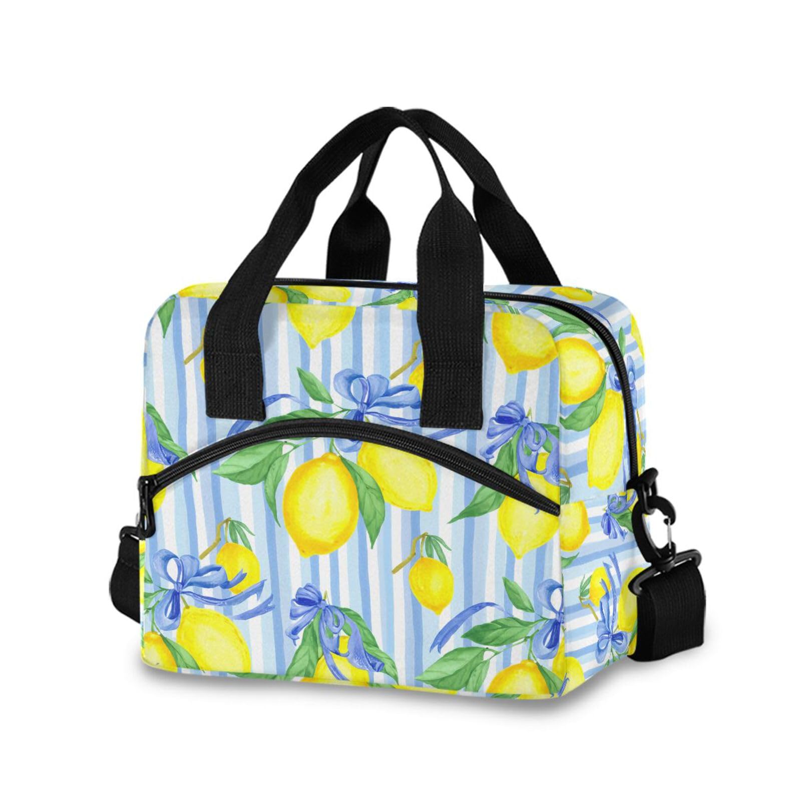 Sinestour Insulated Lunch Bag Reusable Cooler Lemon Bow Blue Stripe Lunch Box Adjustable Shoulder Strap for School Office Picnic