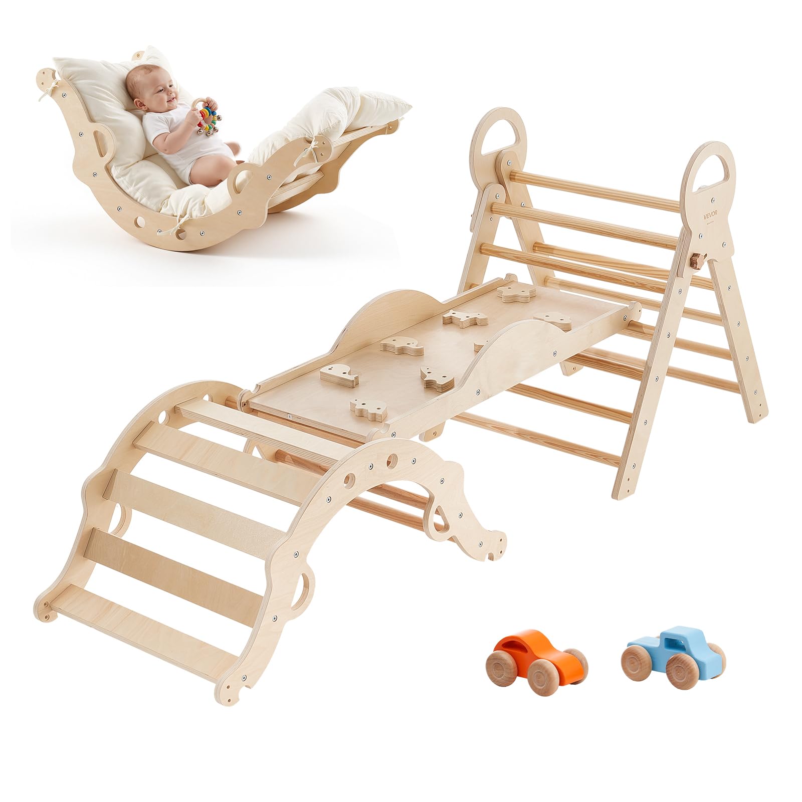 VEVOR Kletterdreieck, 9-in-1 Kletterspielzeug, mit Holzautos, Kissen, Kletterdreieck, Rutsche & Kletterbogen, bis 68 kg Belastbar, Montessori Indoor Spielset für Kinder im Alter von 1 bis 3 Jahren
