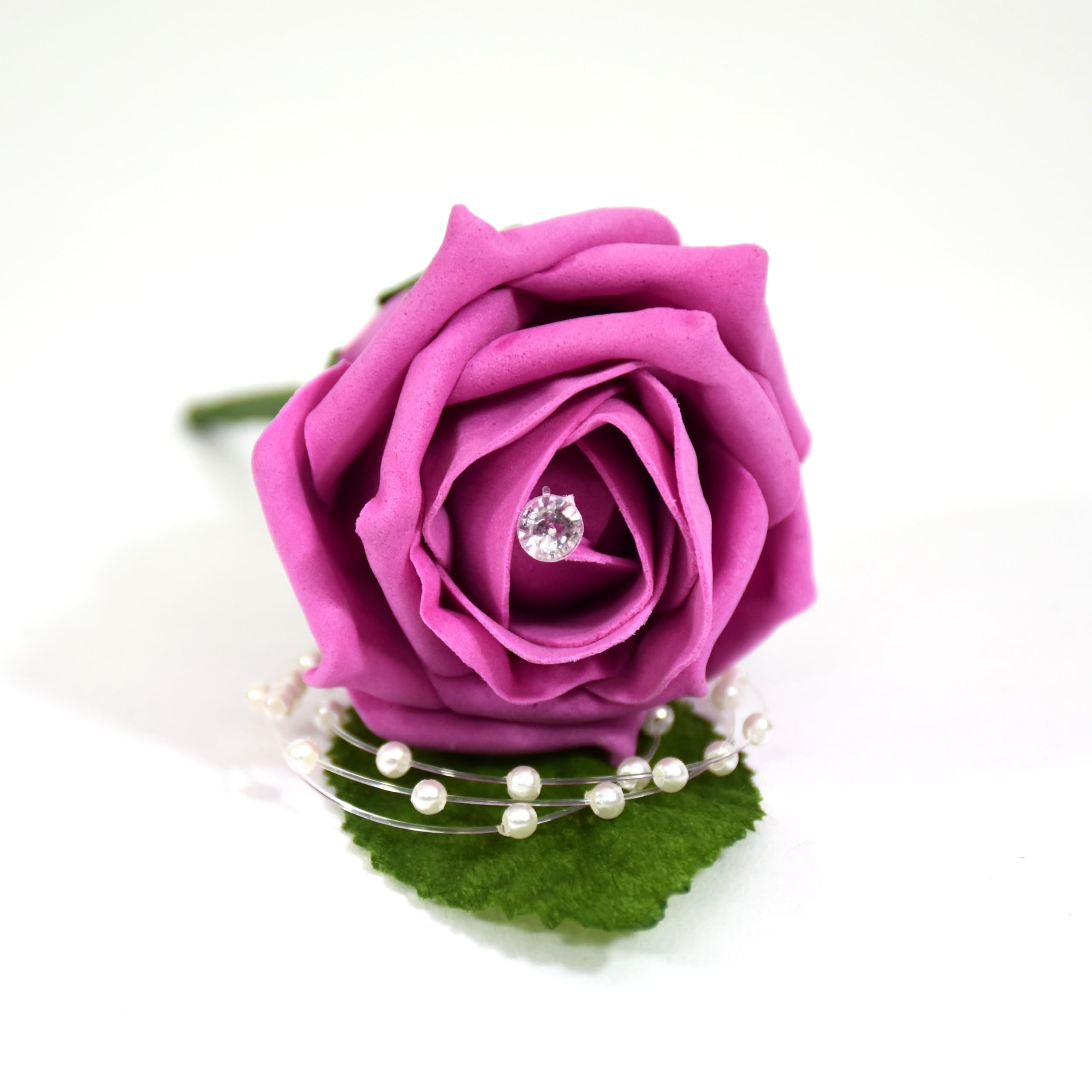 Shimmer-hj 50 Dark Pink rose with pearl loop & diamante centre artificial foam wedding buttonholes. Bouquets, posy, corsage & wands available for bride, groom, bridesmaid, pageboys.