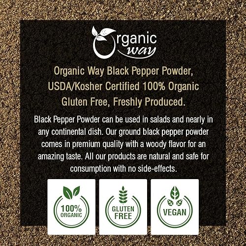 Miniatura 4 de Organic Way Polvo de granos de pimienta negra de Ceilán (grano de pimienta Tellicherry negro)  Añade sabor y aroma  Certificado orgánico y Kosher