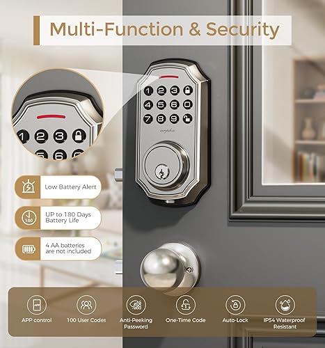 Miniatura 3 de Cerradura de puerta de entrada sin llave con 2 perillas, cerrojo inteligente, control de aplicaciones, teclado de 100 códigos, código de acceso