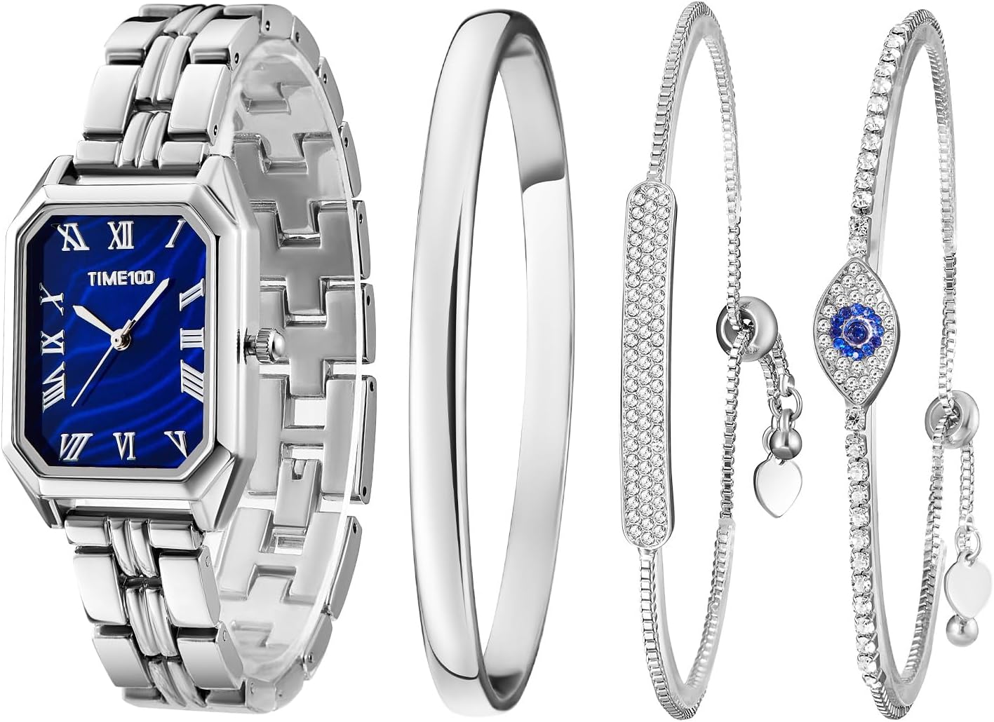 TIME100 Women's Rectangle Bracelet Watch Set Premium Crystal Accented Bangle Watch W50889L, Silver, fashion