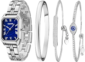 TIME100 Women's Bangle Watch and Rose Gold Watch Chain Bracelets | Rectangle Bracelet Watches Premium Crystal Accented Bangle Set