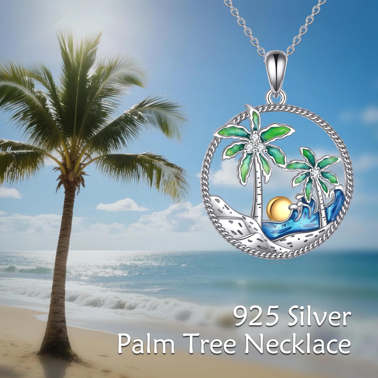 Diamond Palm Tree Necklace for Women 925 Sterling Silver Palm Tree Pendant Necklace Summer Beach Waves Ocean Jewelry Gifts for Mom Wife Sister Friend Christmas Birthday,18+2 inch - Image 6