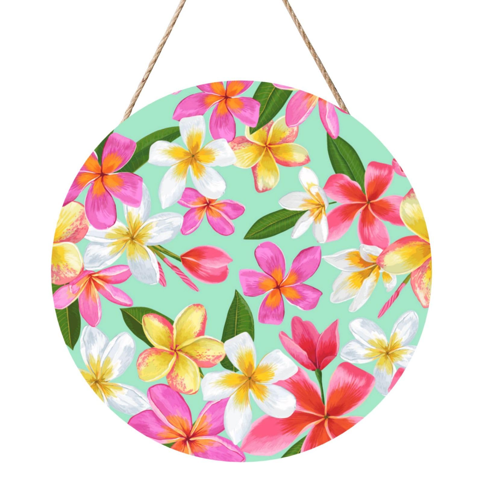 InOmak Watercolor Tropical Flowers Floral Plumeria, Round Wood Panel Painting 12 in, Wall Hanging Painting For Home