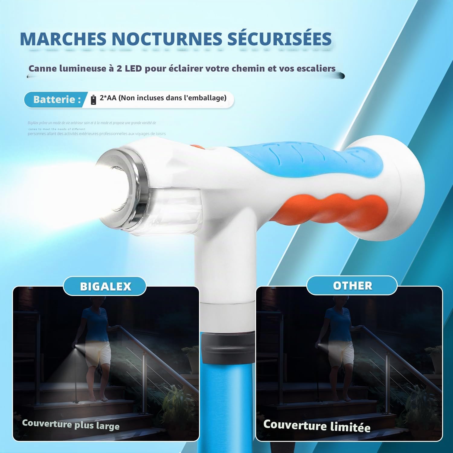 BigAlex Canne de Marche Double Lumière pour Dames et Messieurs - Pliable, Réglable en Hauteur, Quadruple Base Antidérapante, Éclairage LED Intégré, Cannes de Marche pour Les Hommes et Les Femmes