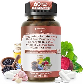 Magnesium Taurate Capsules, 12-in-1 Complex - Beet root, CoQ10, Resveratrol for Heart Support, Immue Support, High Absorption Magnesium Taurate Complex Supplement for Men and Women, 120 Capsules
