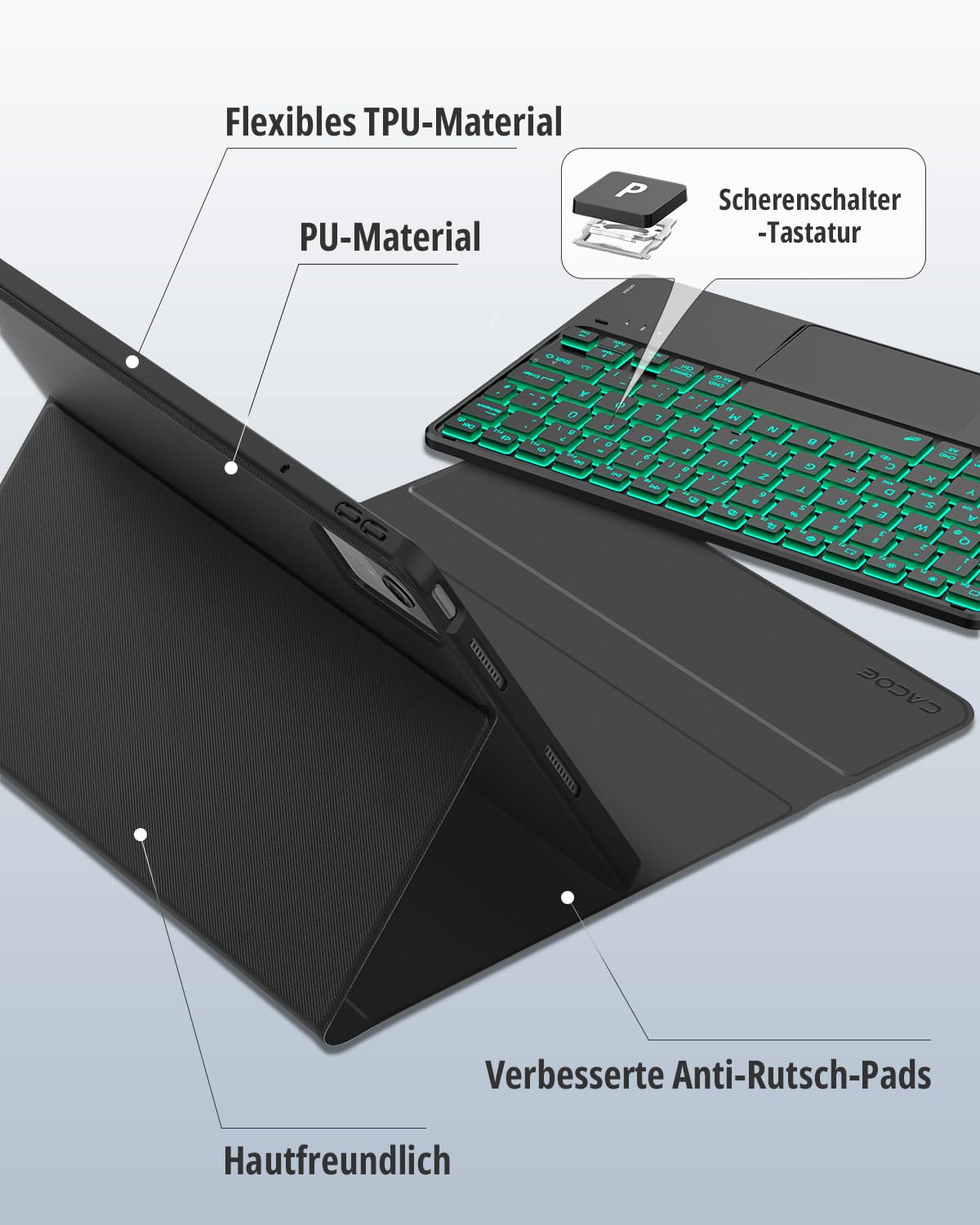CACOE Tastatur Hülle für Lenovo Idea Tab 2025 11 Zoll (TB-336ZU TB-336FU) mit Touchpad, 7-Farbige Hintergrund Beleuchtung, Abnehmbare Kabellose [QWERTZ] Tastatur Hülle mit Stützfunktion, Schwarz
