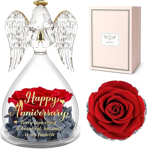 Yamonic Regalos de boda de feliz aniversario para esposa, figuras de ángel rosa para siempre, regalos para ella, ángel de cristal de rosa real