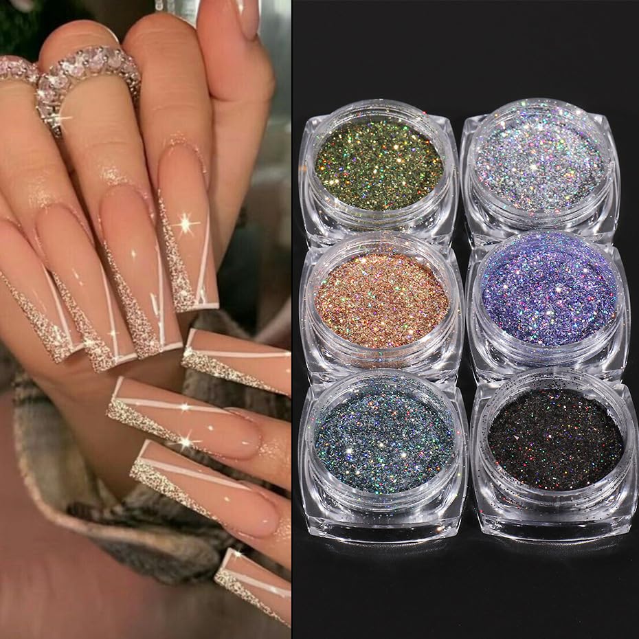 Holographic Nail Art Sequins Glitter Powder Kits 6 Boxes 3D Nails Glitter Metallic Shining Flakes Acrylic Powder Dust Sequins for Nails Decoration Holographic Manicure Tips