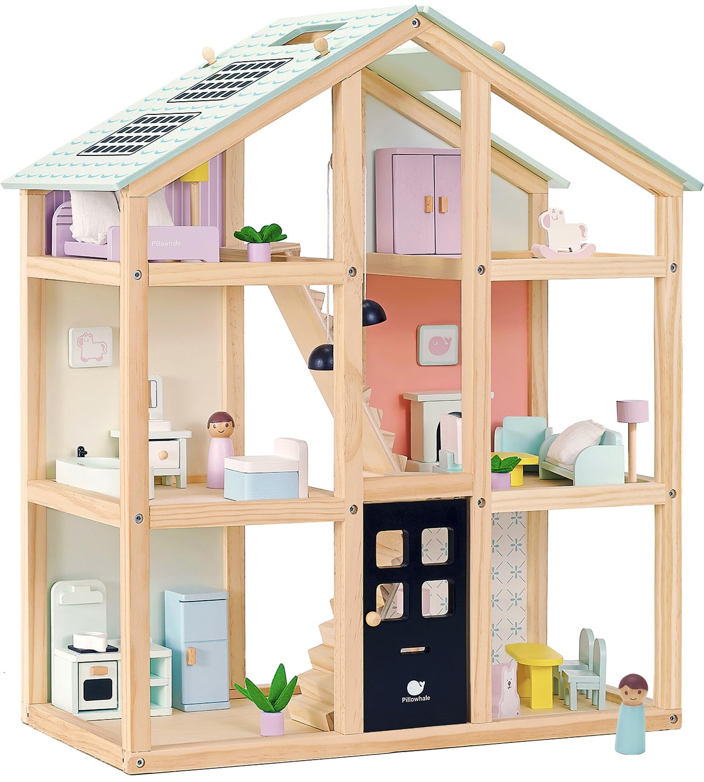 Pillowhale Wooden Dollhouse, Doll House with 38Pcs Furniture Accessories,3 Story Large Doll House, 6 Rooms Pretend Dollhouse, Gift for Girl Ages 3+