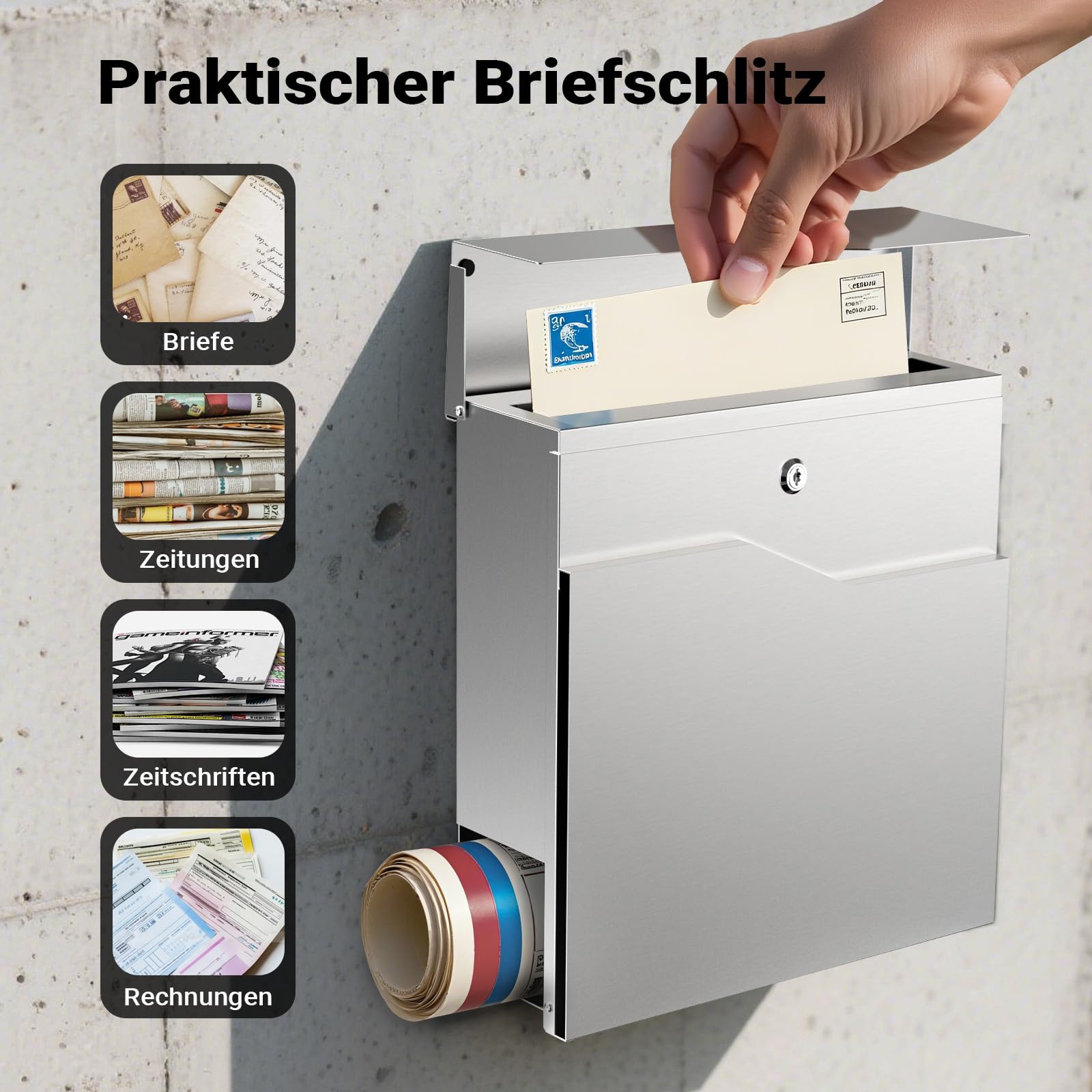 Wiltec Designer Briefkasten V19 Edelstahl 370 x 102 x 370 mm, Wandbriefkasten mit Schloss und Zeitungsrolle, Postkasten aus Stahl