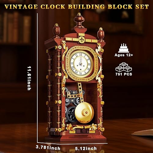 Miniatura 3 de Juego de construcción de reloj oscilante retro vintage, relojes de péndulo, juguetes de bloques de construcción, con kit de modelo mecánico