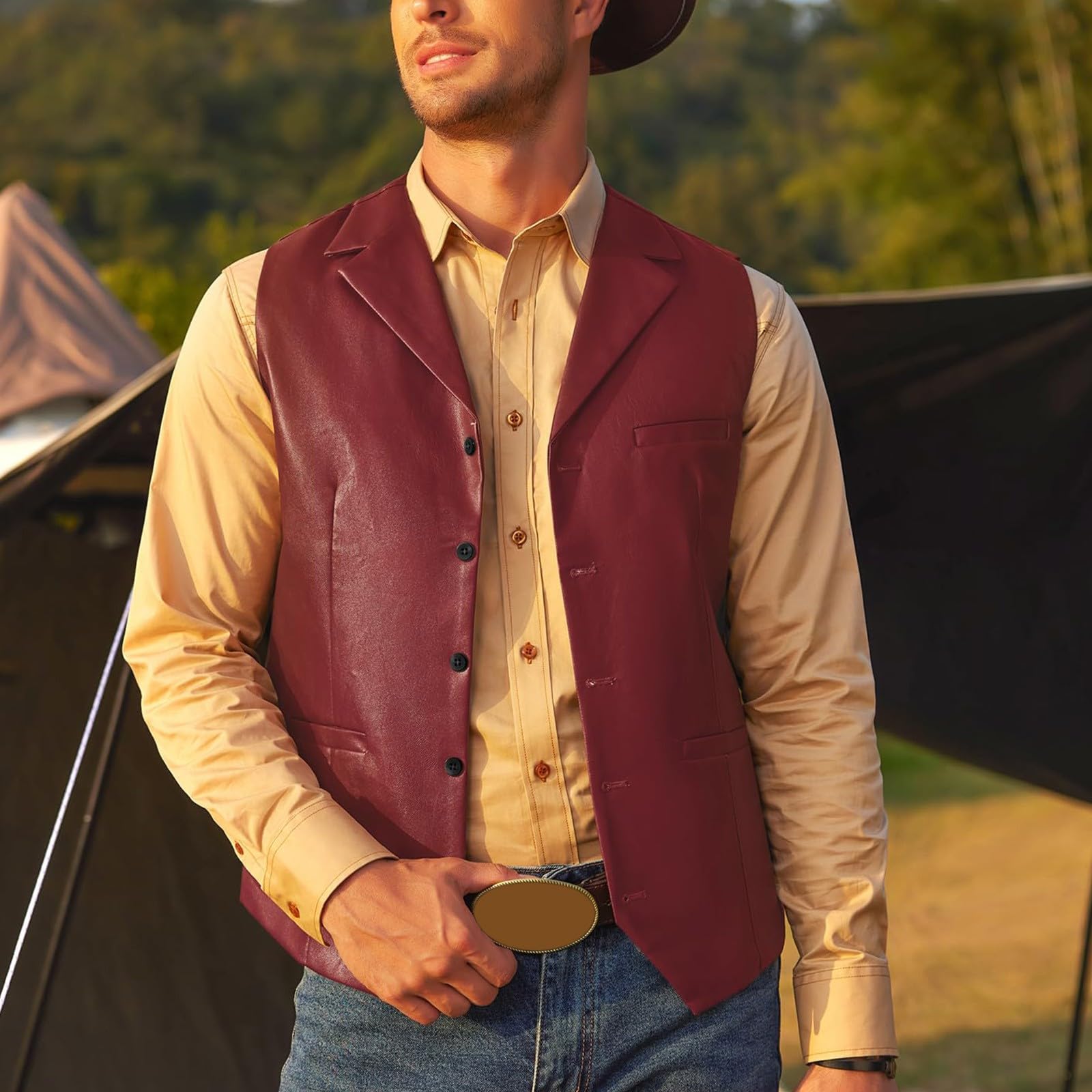 Gilet vintage da uomo, elegante, in pelle, con risvolto, scollo a V, con bottoni, con molte tasche, da uomo, per feste formali
