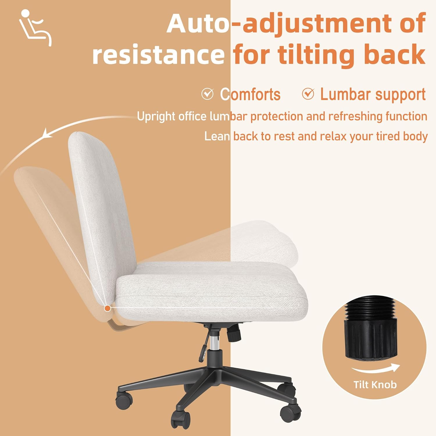 Shintenchi Criss Cross Chair,Cross Legged Office Seat with Wheels Armless Swivel Vanity Chair,Height Adjustable Wide Computer Task Seating for Home Office,Beige