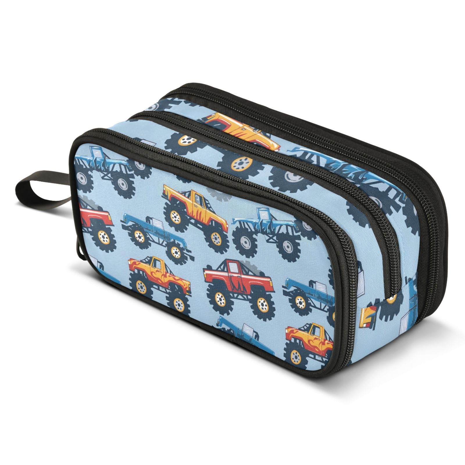 ALAZA Monster Truck Cars Pattern Pencil Case Large Capacity Pencil Pouch Box Boys Girls School Supplies Pen Case Bag with Handle 3 Compartments Zipper