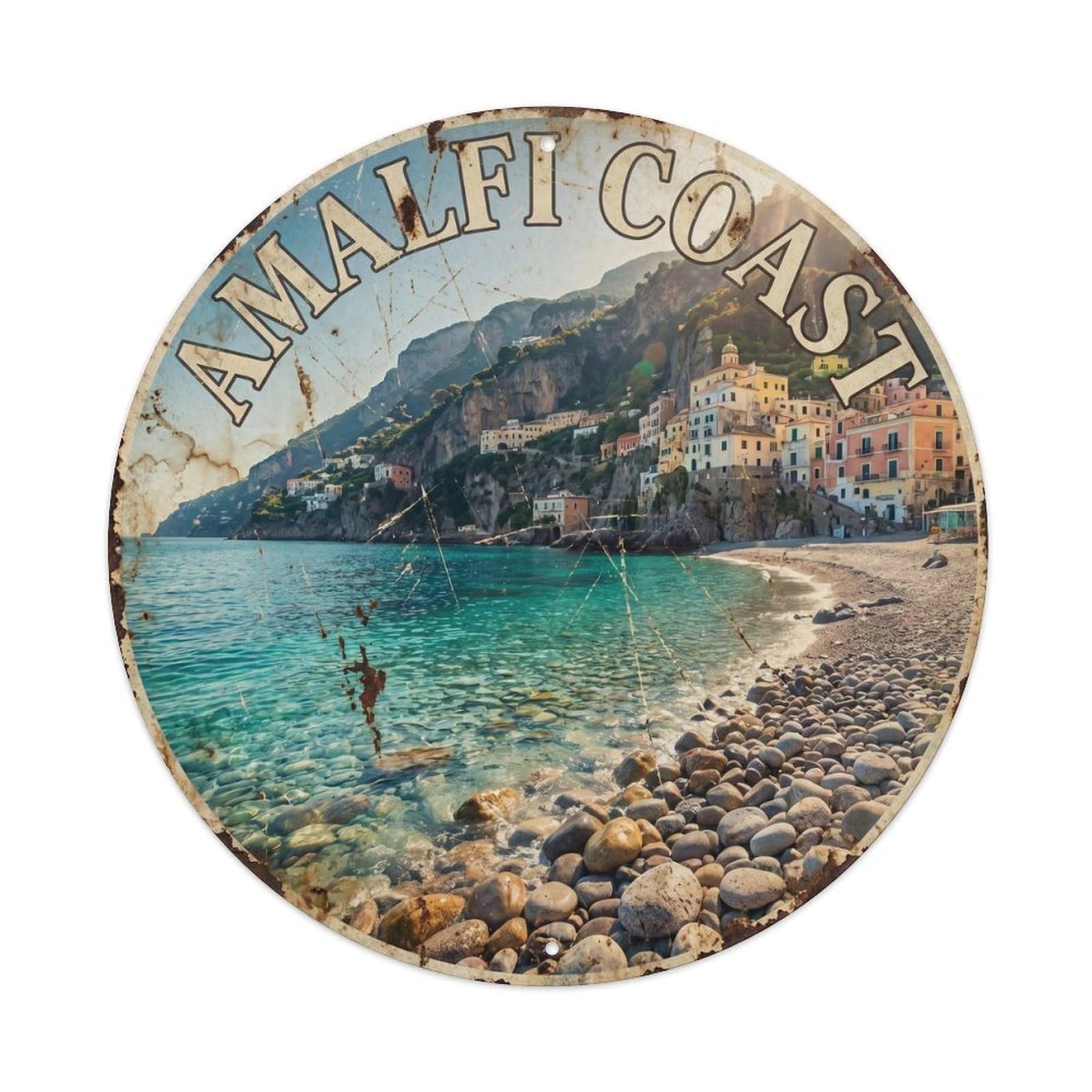 Coastal Amalfi Rocky Beach Travel Riviera Classic Holiday Metal Tin Sign Plaque Wall Decor for Cafe, Man Cave, Club Bar, Office, Home Garden Round Metal Poster 8x8Inch