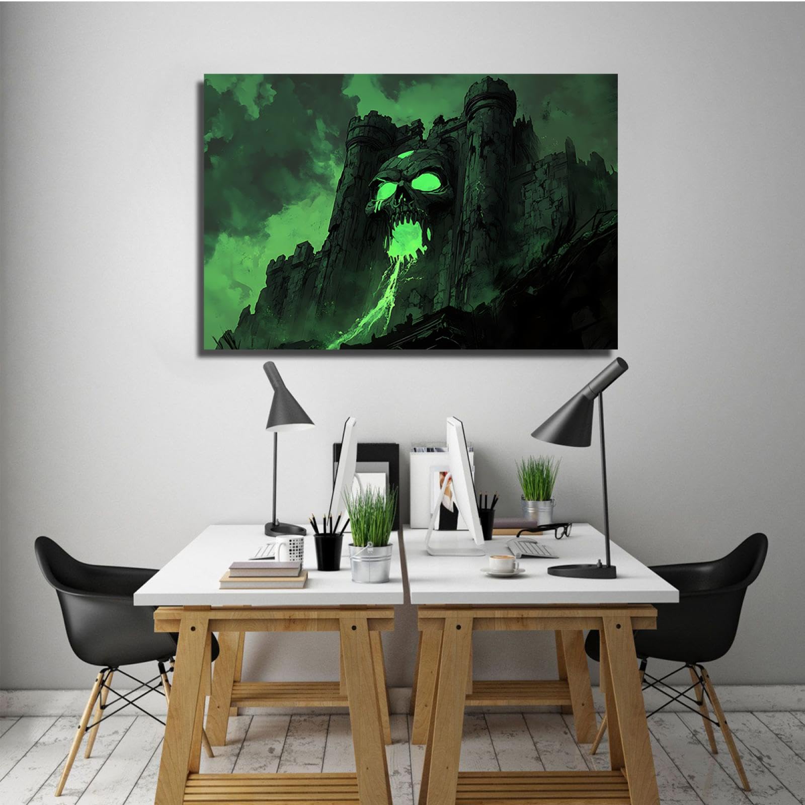 TOANGWALL Fantasy Neuheit Halloween Druck auf Leinwand Wandkunst Surreal Grün Spuk Haus Schädel Schloss Poster Bild Malerei für Bar Dekor 70x100cm Innenrahmen