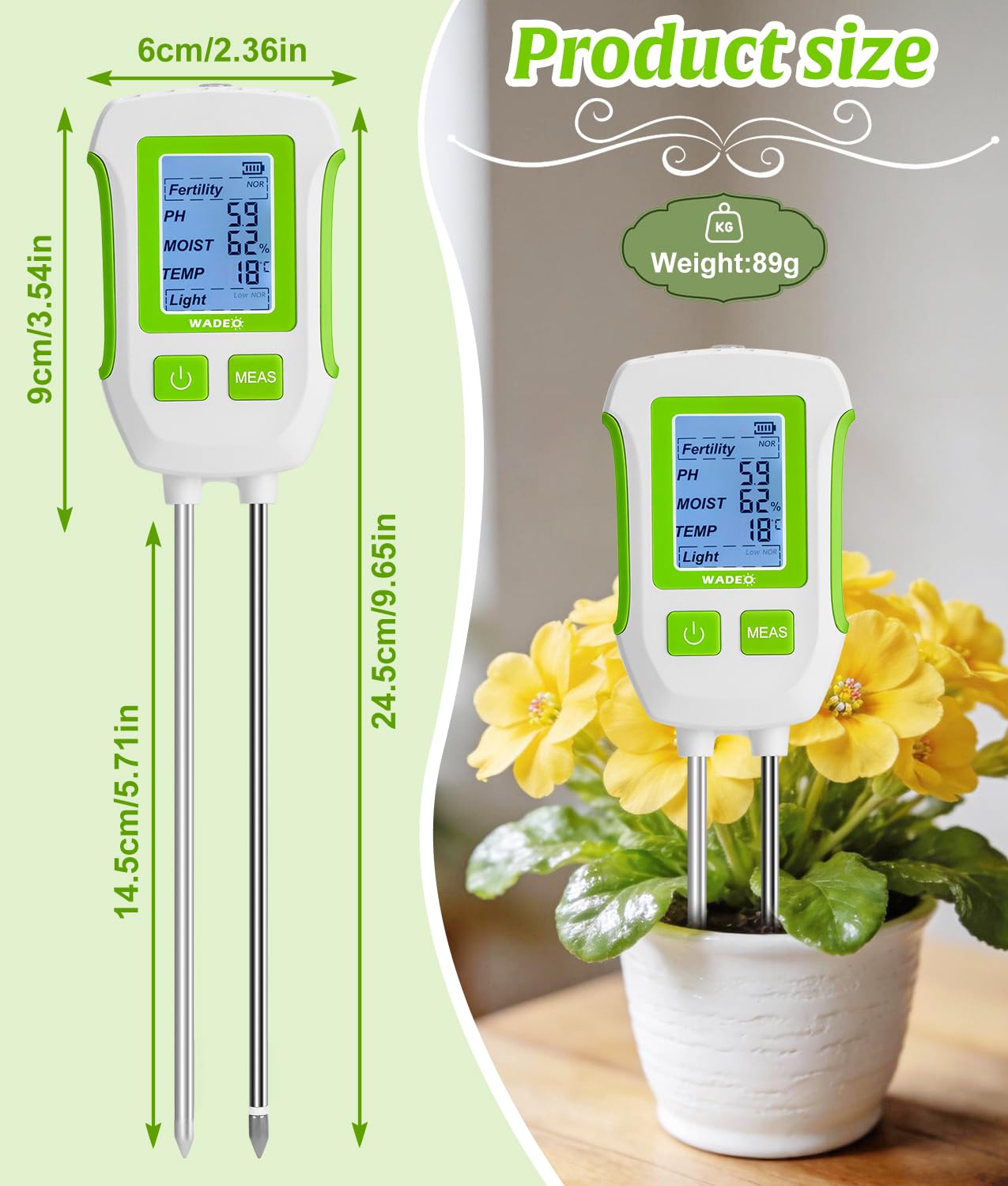 WADEO Medidor de suelo 5 en 1 para temperatura/fertilidad/humedad del suelo/pH/luz solar, pantalla LCD con retroiluminación, medidor digital de suelo para jardinería y agricultura