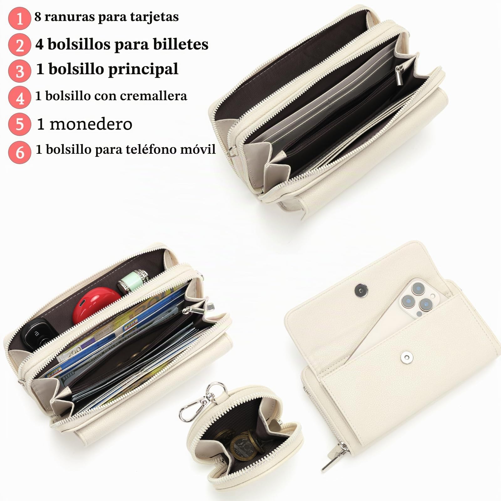 Snmoec Bolso para movil Mujer Bandolera Bolso Mujer con Bolsillo para Monedas y Ranura para Tarjetas Beige