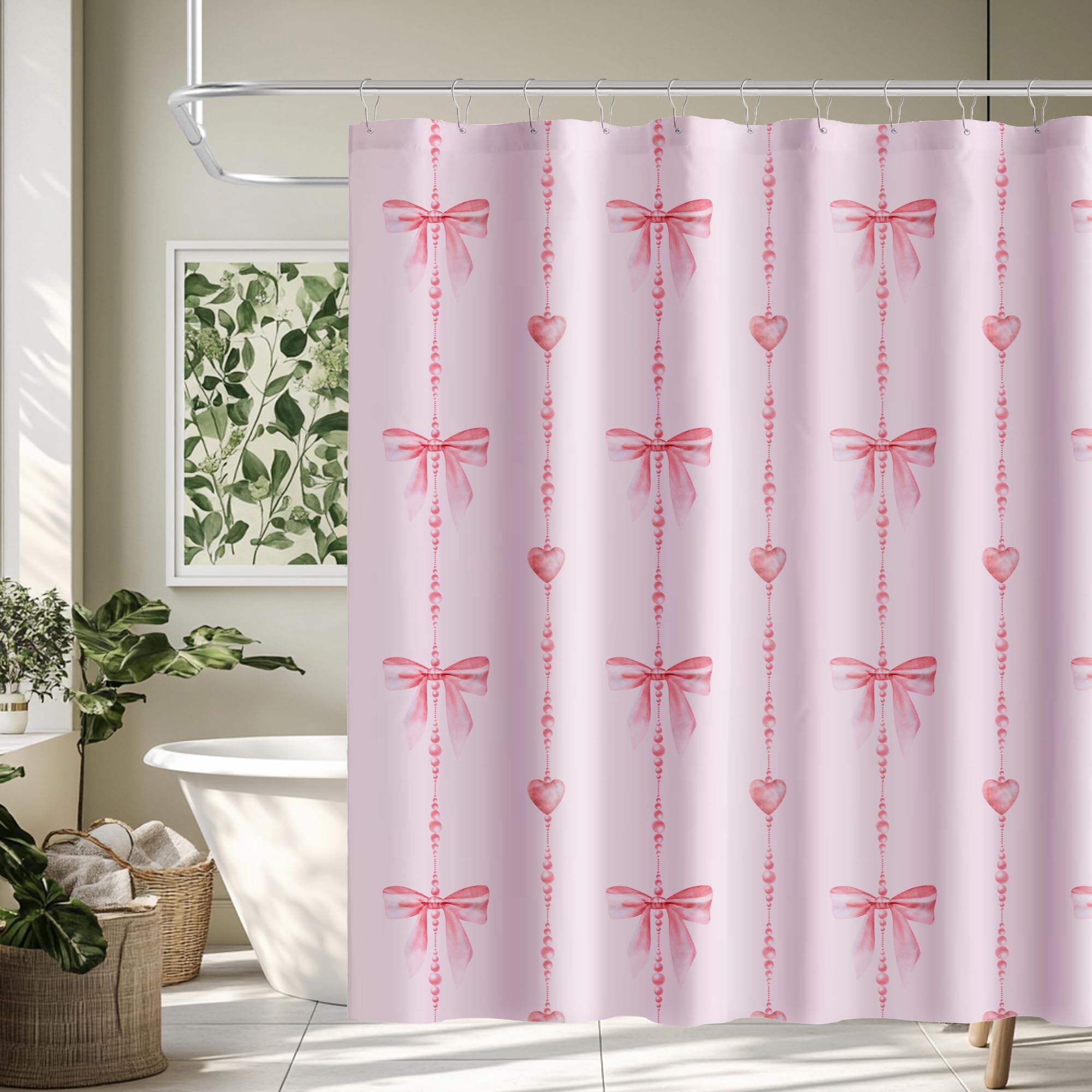 Xandova Bow Shower Curtain,Polyester Cloth Curtain Set with 12 Stainless Steel Hooks,Modern Minimalist Waterproof Decorative Shower Curtains for Bathroom,72x72 Inch(Pink)