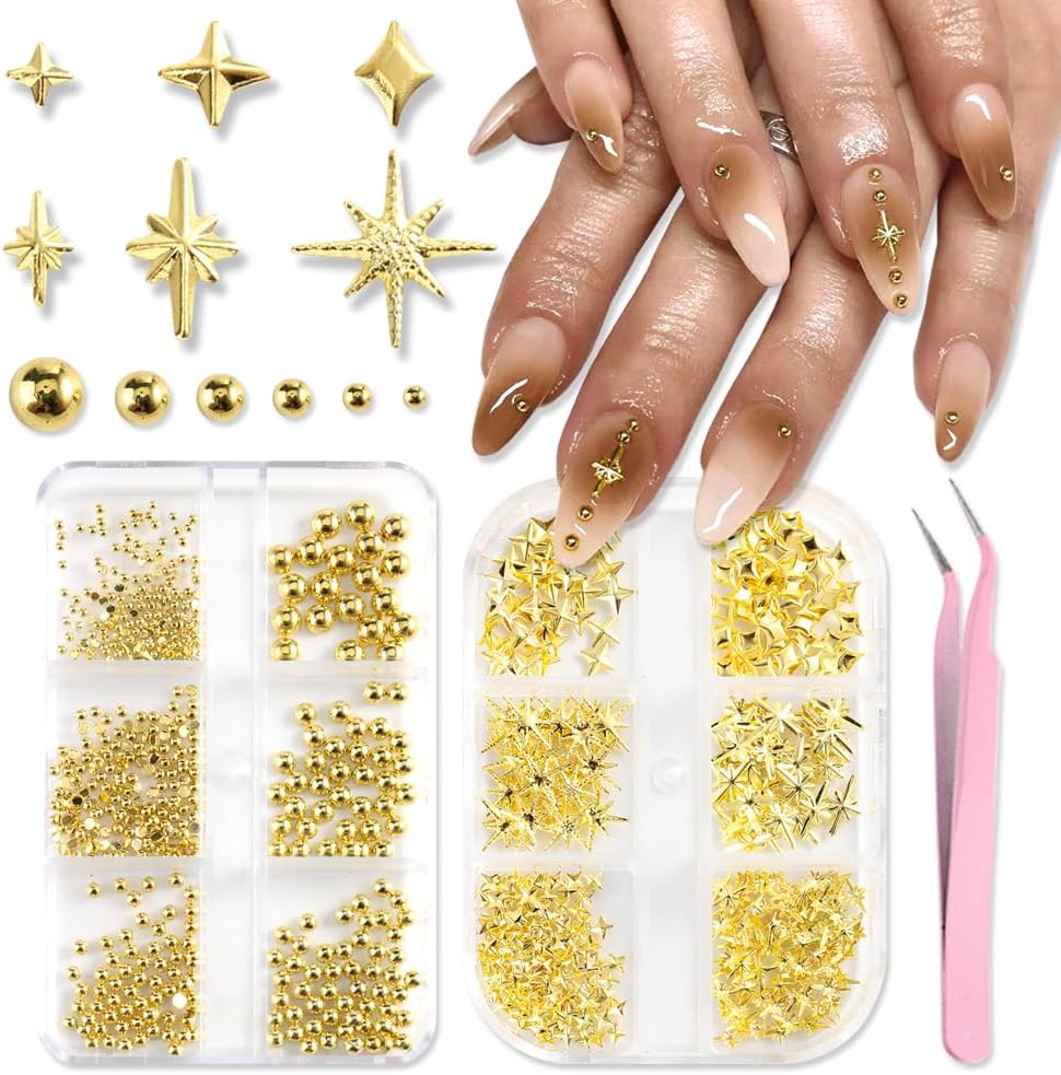 Star Nail Charms for Nails Art, 3D Gold Mixed Styles Stars Metallic Studs Rivets and Small Round Caviar Beads with Tweezers, Nail Jewelry Decorations Manicure Supplies Accessories for DIY Craft