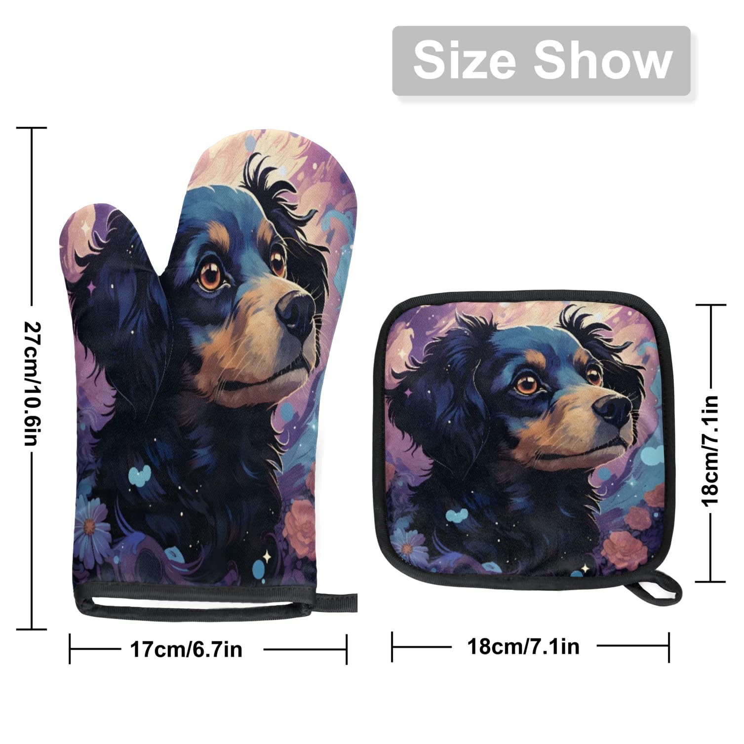 Flower Dog Watercolor Oven Mitts Kitchen Oven Gloves for Cooking Baking Heat Proof Lining Cotton Kitchen Potholder Mittens Pot Holders Hot Pads for Chef Women Men