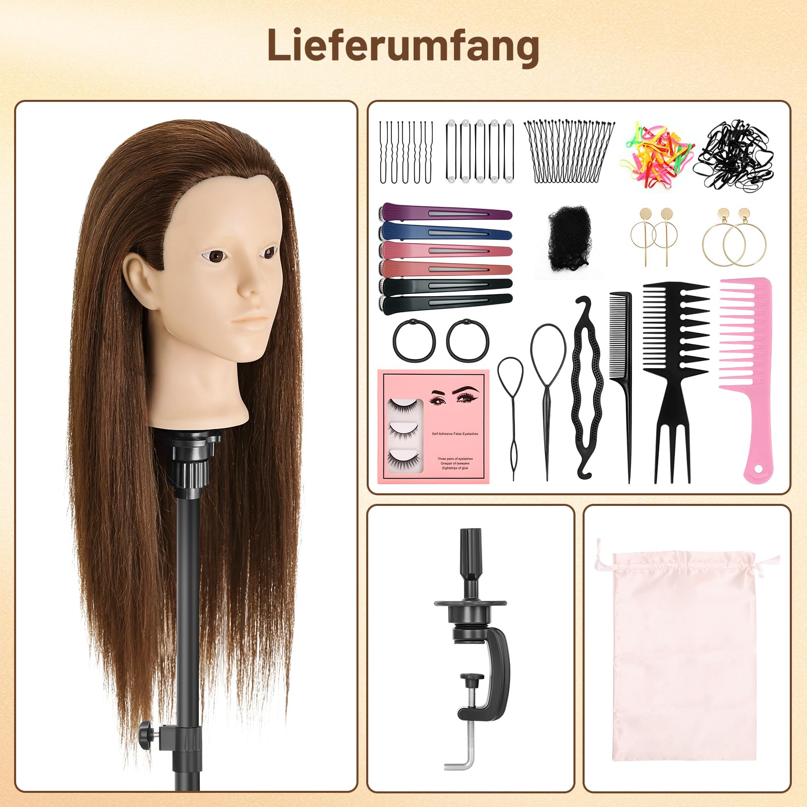 TwoWin 60 cm Frisierkopf 80% Echthaar, 24 Zoll Übungskopf Friseur | Friseurkopf Übungskopf Trainingskopf Friseur für Friseure für Styling & Friseurpraxis mit DIY Haarstyling Set (Braun)