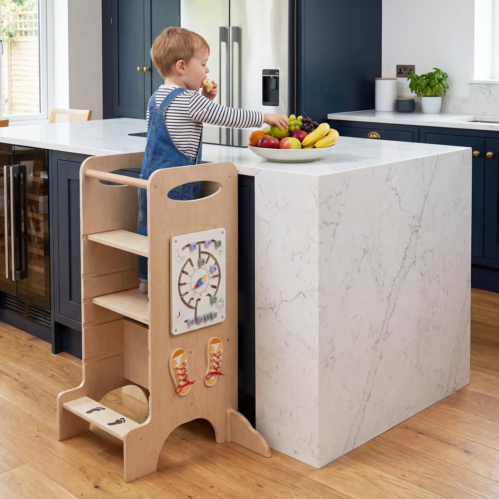 COSTWAY 4 in 1 Lernturm mit Spieltablett, Tritthocker Montessori mit 3 verstellbaren Höhen & Abnehmbarer Tafel, Trittleiter aus Buchenholz, Trittschemel für Kinder ab 3 Jahren