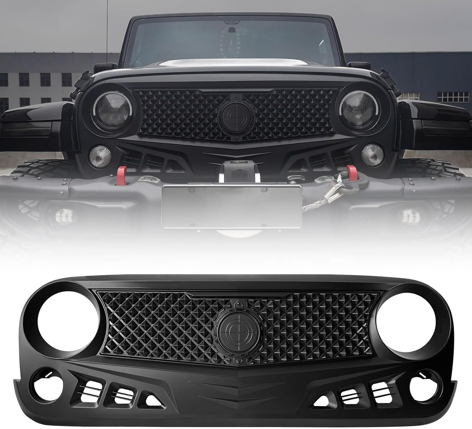 Front Grill with Mesh Matte Black Grille For Jeep Wrangler 2007-2018 Rubicon Sahara Sport JK JKU (Siege)