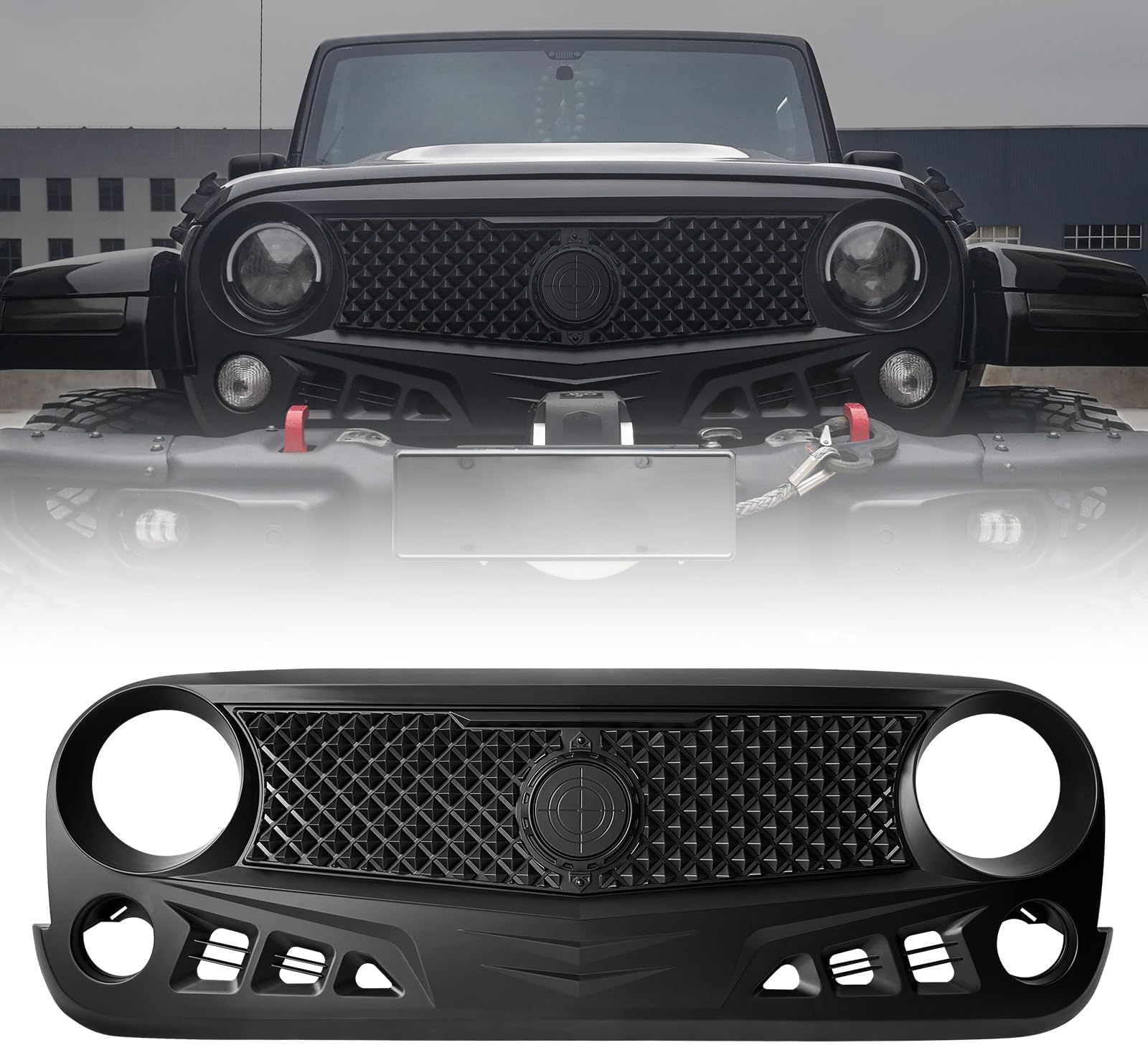 Front Grill with Mesh Matte Black Grille For Jeep Wrangler 2007-2018 Rubicon Sahara Sport JK JKU (Siege)