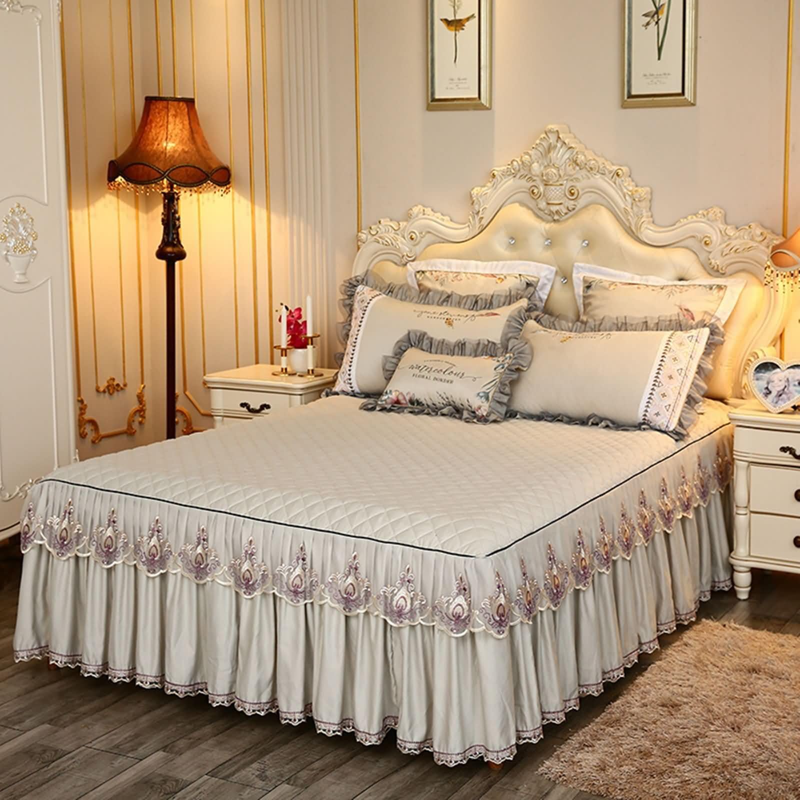 Daesar Juego de Sábanas Bajera Ajustables y 2 Fundas de Almohada,Patrón de Encaje Bordado con Color Sólido Poliéster Algodón Bajera Ajustable Beige,180 x 220 CM