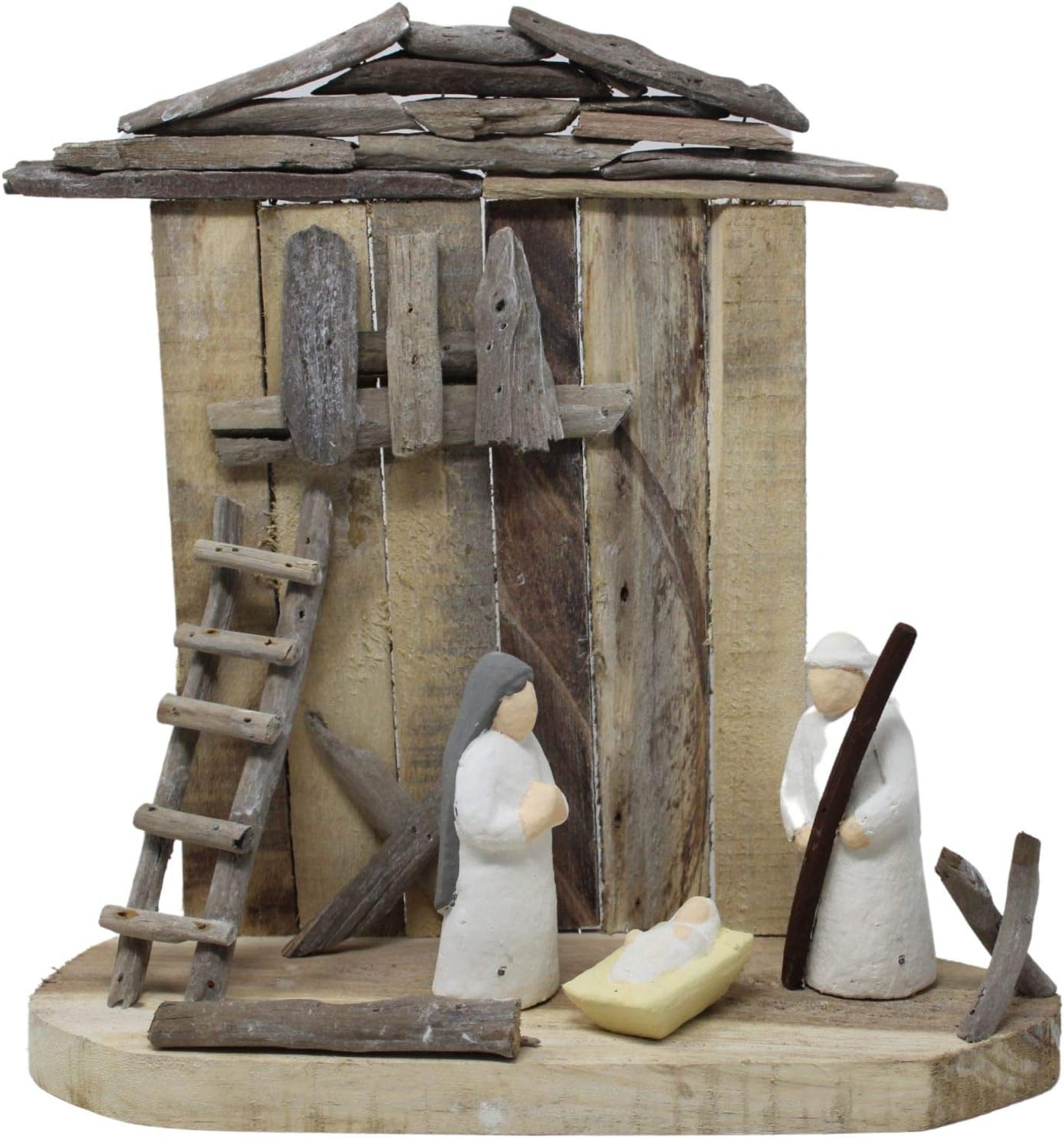 Open Nativity Scene Creche with Holy Family, Driftwood, Rustic