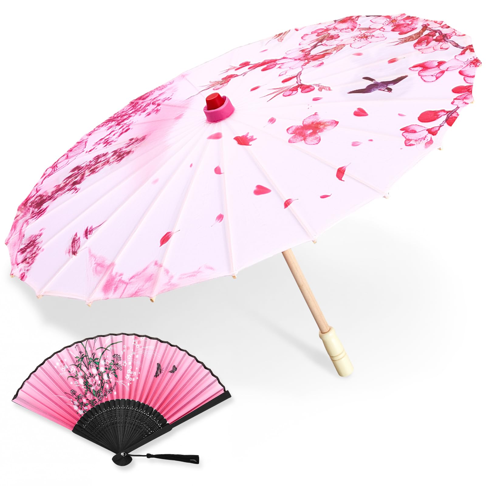 Maitys Pink And White Chinese Wedding Parasol Set, 32" Silk Umbrella With Folding Fan