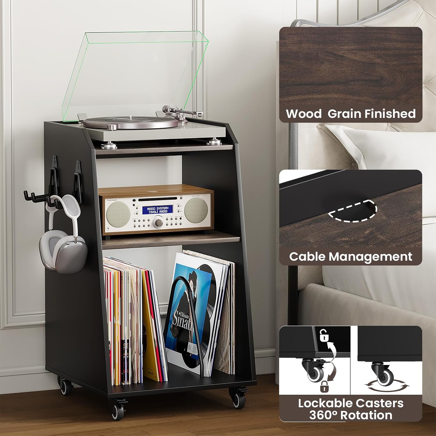 Rresyet 18.7" Record Player Stand with Wheels,3-Tier Vinyl Media Cabinet On Wheels with Open Shelves, Metal Dividers, Metal Hooks for Music Room, Living Room