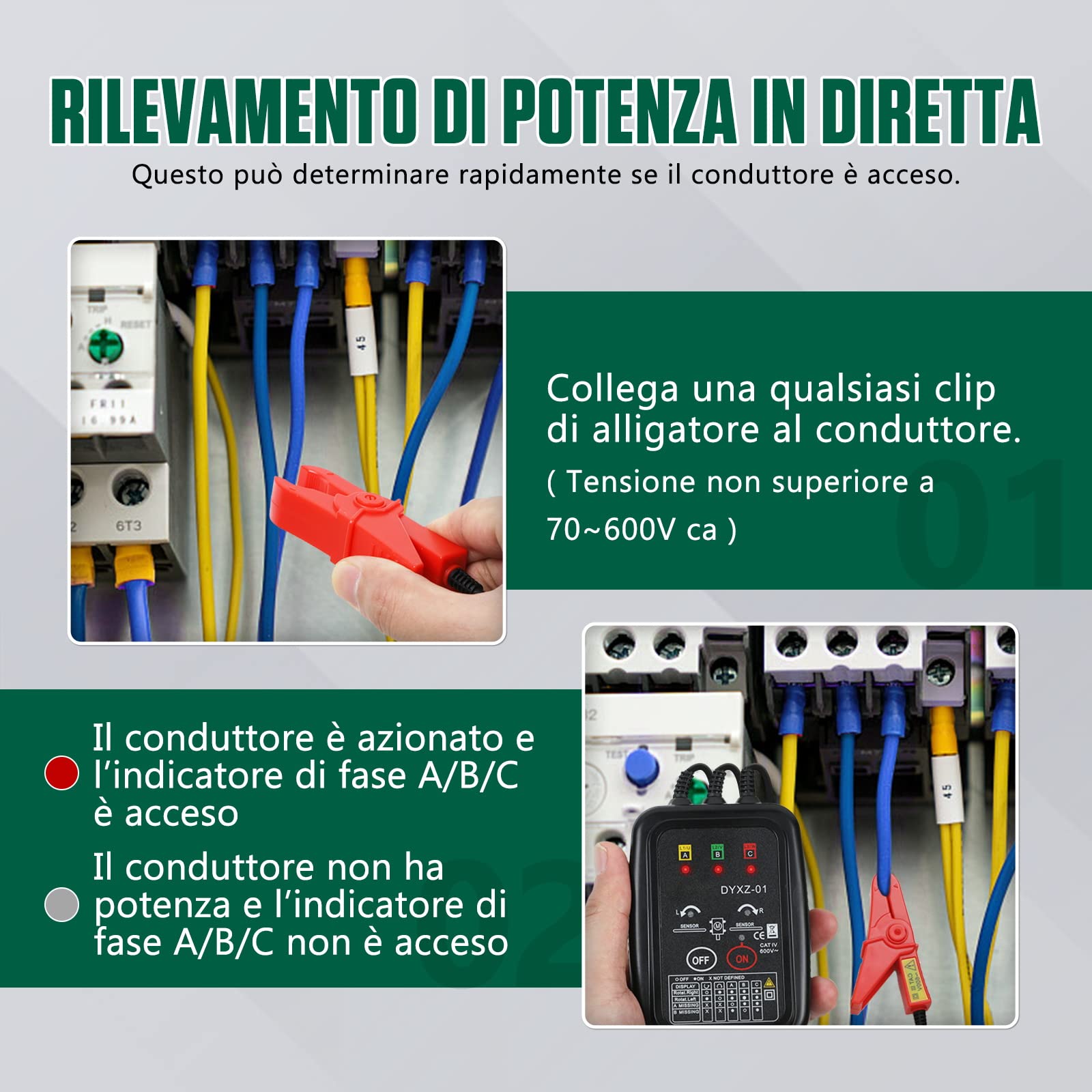 KAISAL Senso Ciclico Fasi Tester Cercafase Senza Contatto Rotazione Fasi di Fase AC 70V~600V, Rilevamento Sequenza Fasi, Rilevamento Mancanza Fase, Rilevamento Rotazione Motore