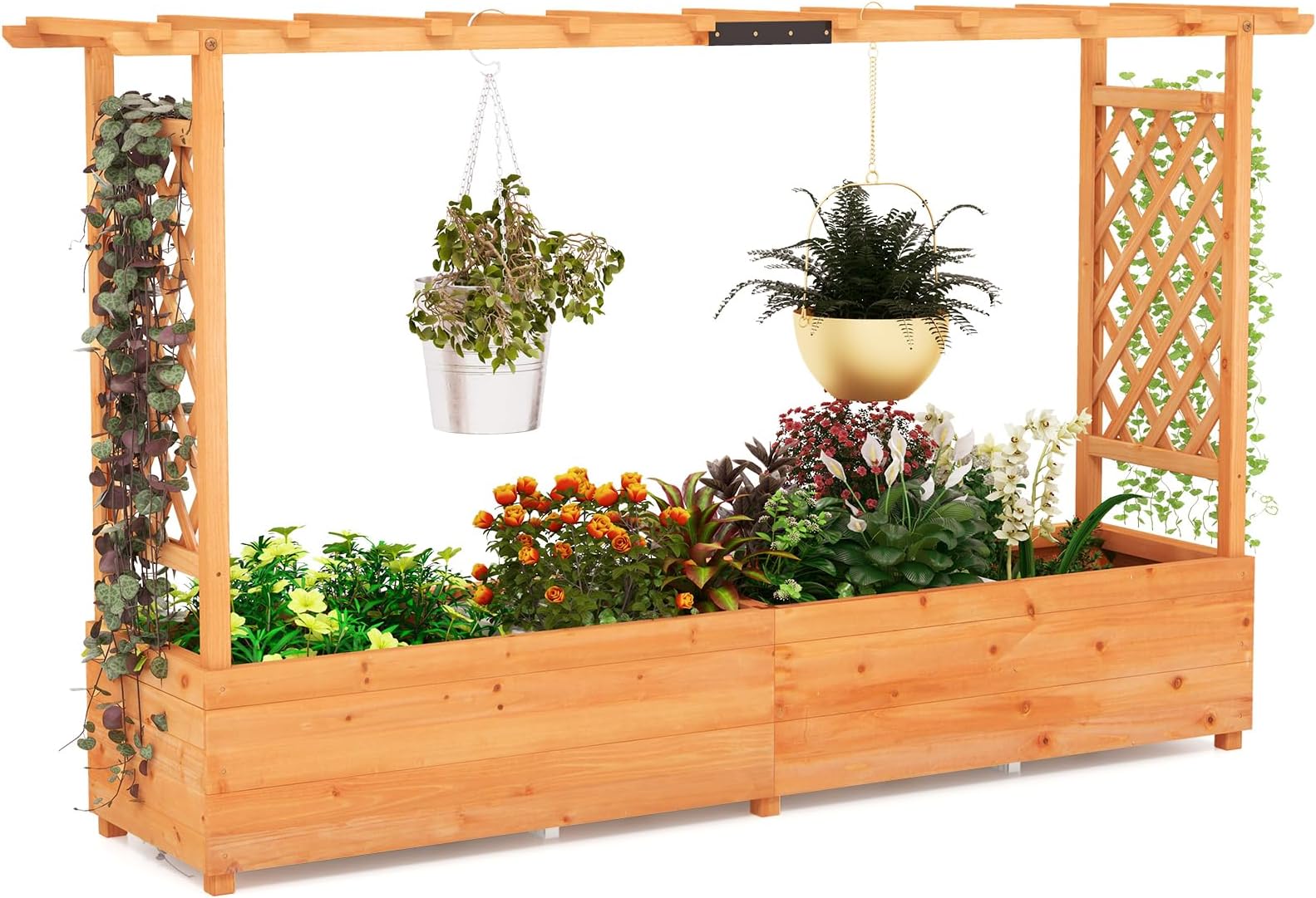 – COSTWAY Garden Planter with Trellis, Hanging Roof and Drainage Holes, Weather-Resistant Wooden Raised Bed for Vine Climbing Plants, Outdoor Trough Container Grow Box Flower Pot (Orange, 200x44x114cm)