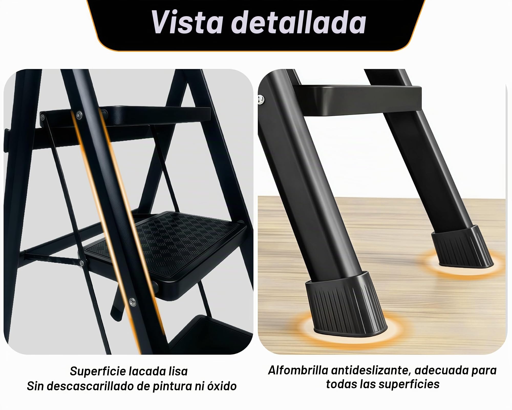 Escalera 5 PedañOs con Acero Inoxidable,Escalera Escaleras Plegables Bandeja de Herramientas,Escalera Plegable Alfombrillas Antideslizantes,Carga Maxima 150kg Blanco Negro